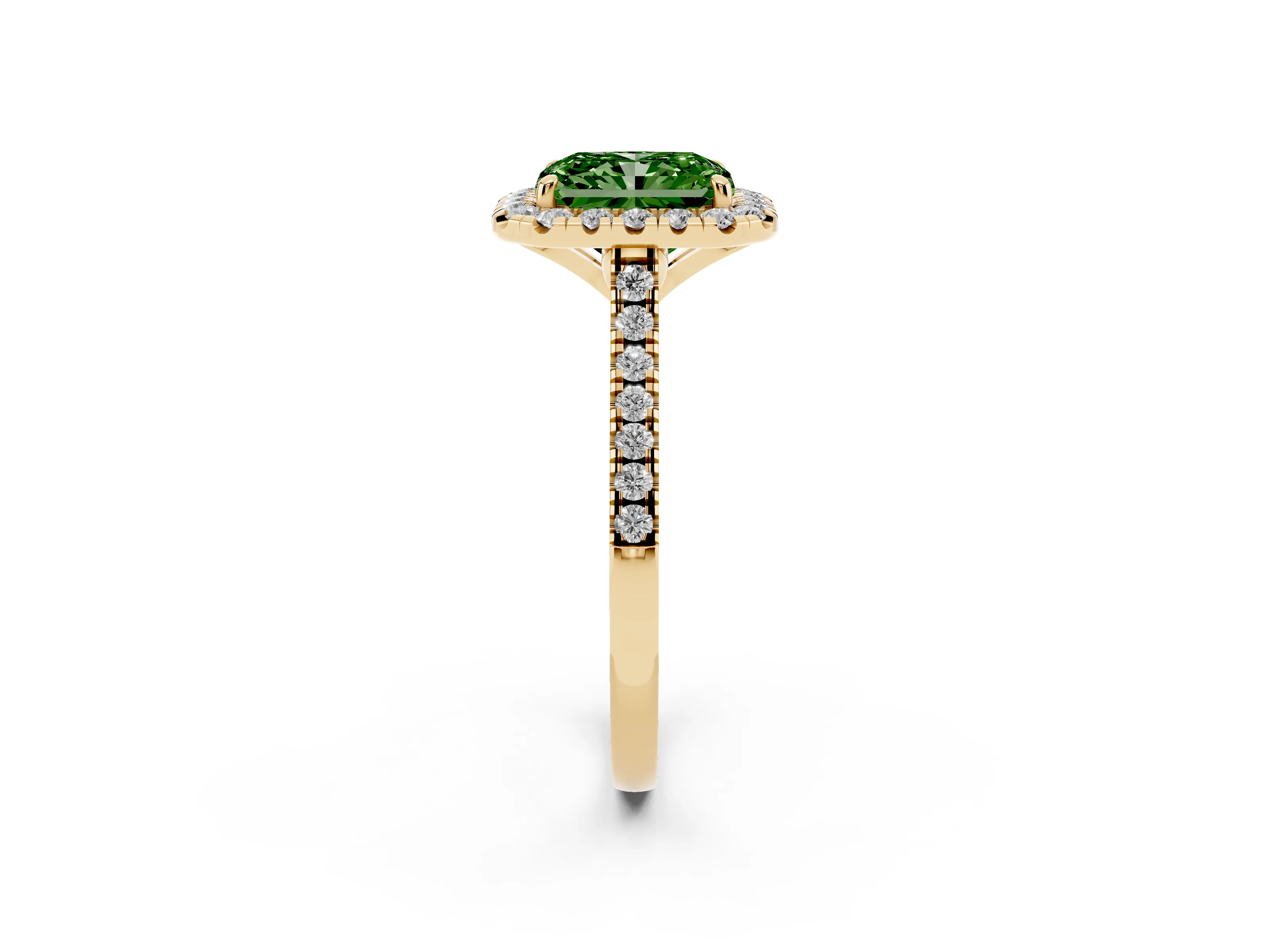 Fancy Green Radiant Cut Diamond Cushion Halo Ring Set in Yellow gold with Pavé Band