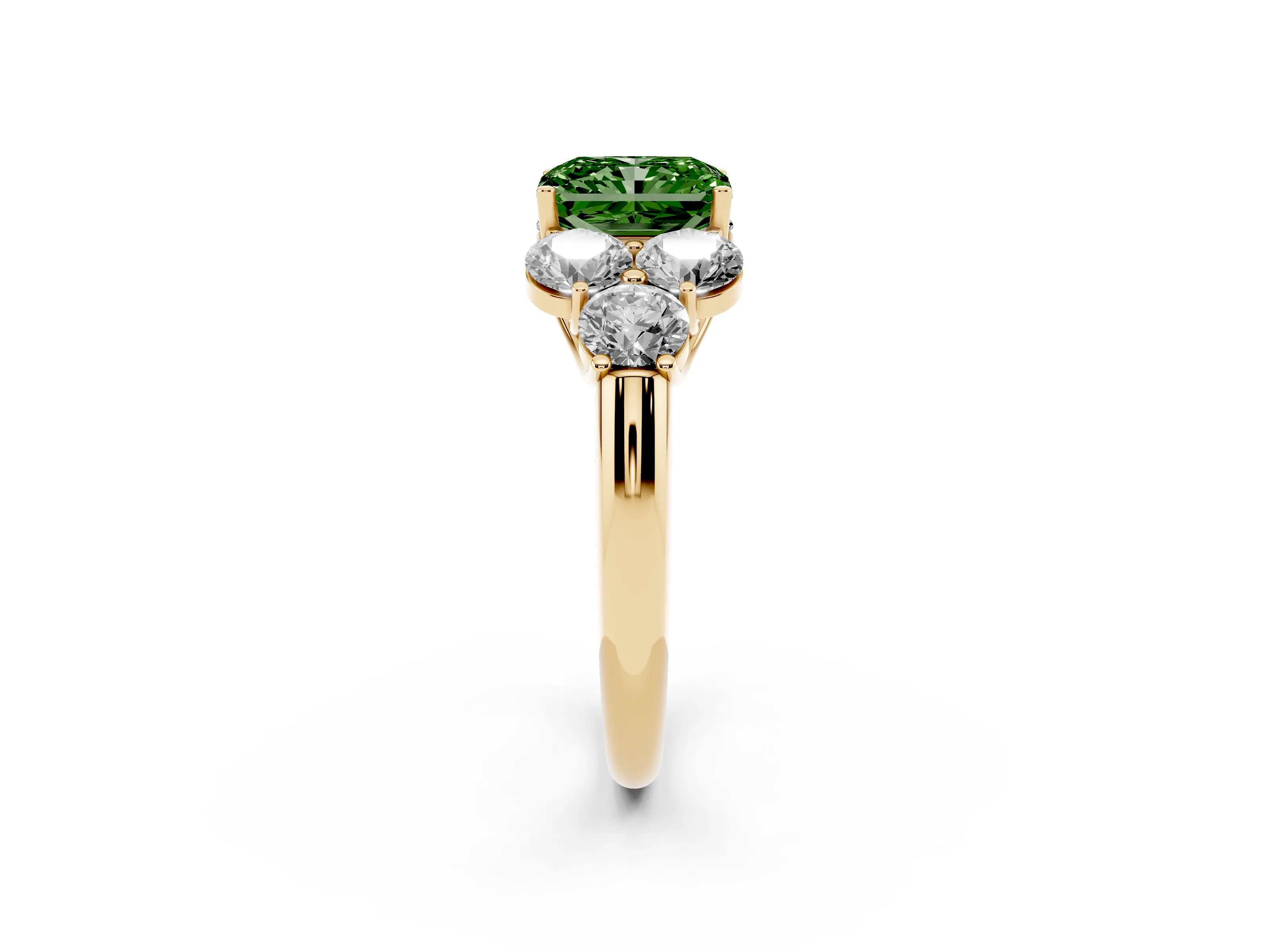 Fancy Green Radiant Cut Diamond Cluster Ring Set in Yellow gold with Round Accent Stones and Prong Setting on a Plain Band