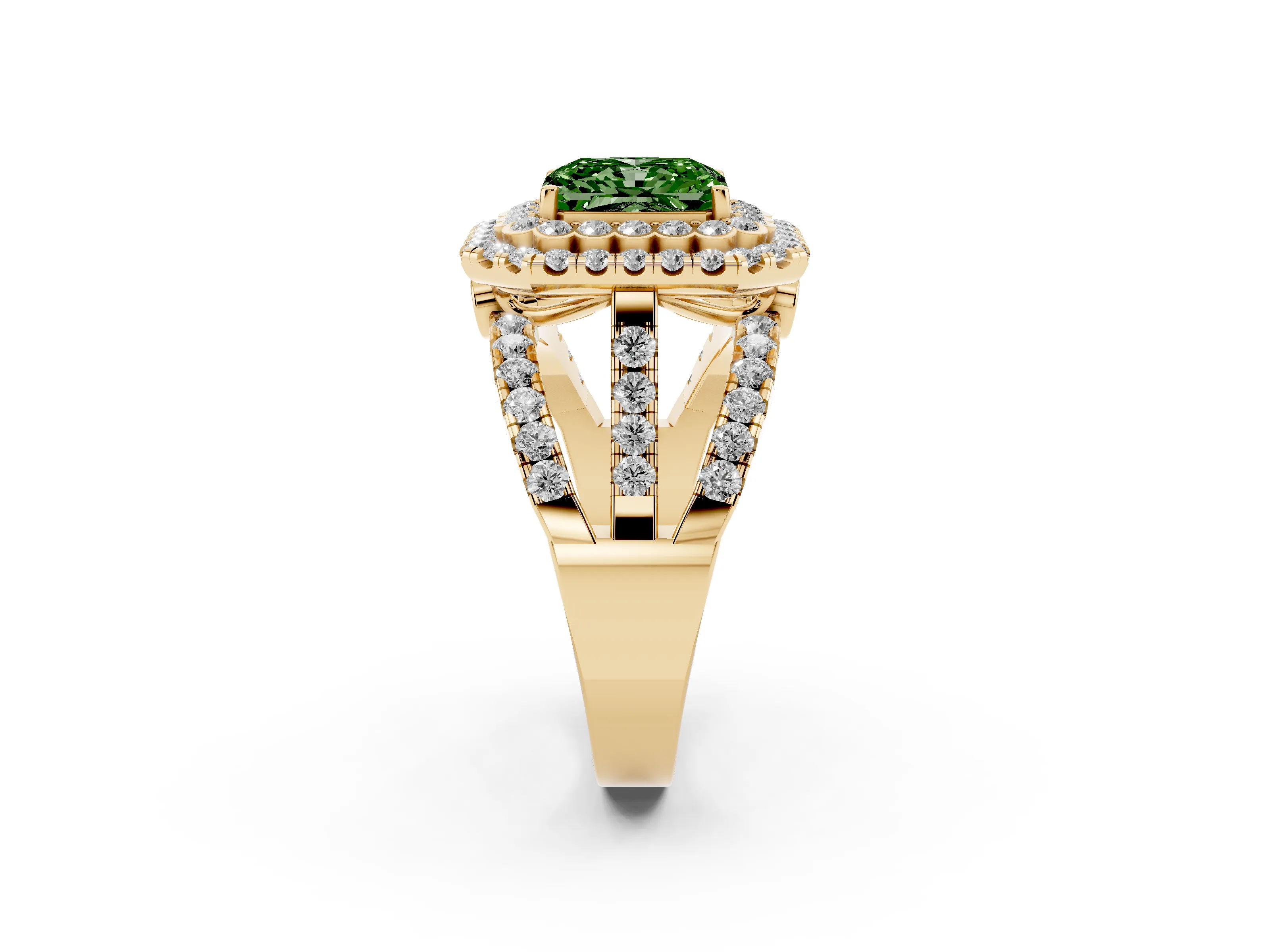 Fancy Green Radiant Cut Diamond Double Halo Ring Set in Yellow gold with Round Pavé Split Shank