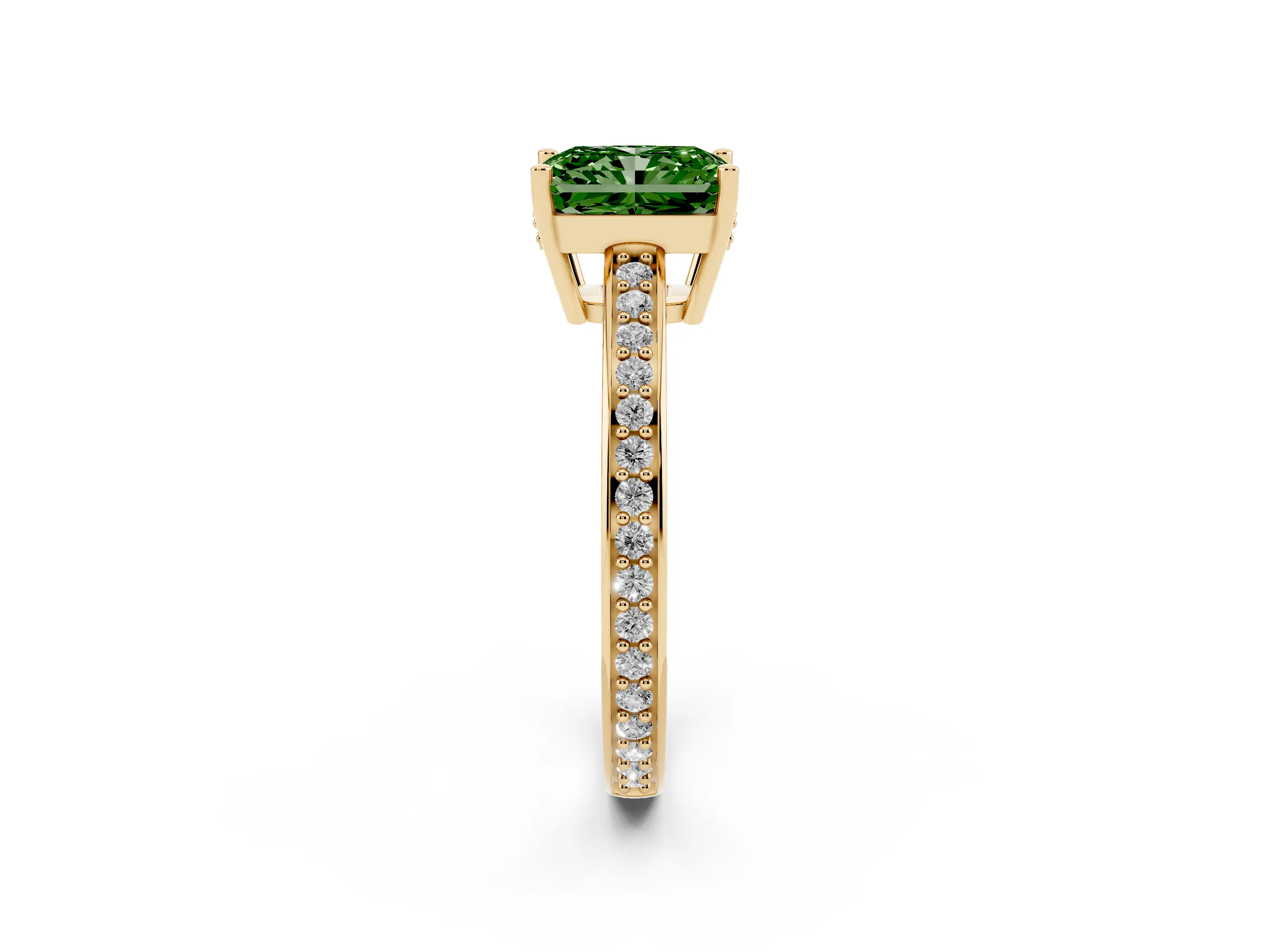 Fancy Green Radiant Cut Diamond Pavé Band Prong Set Solitaire Ring Set in Yellow gold