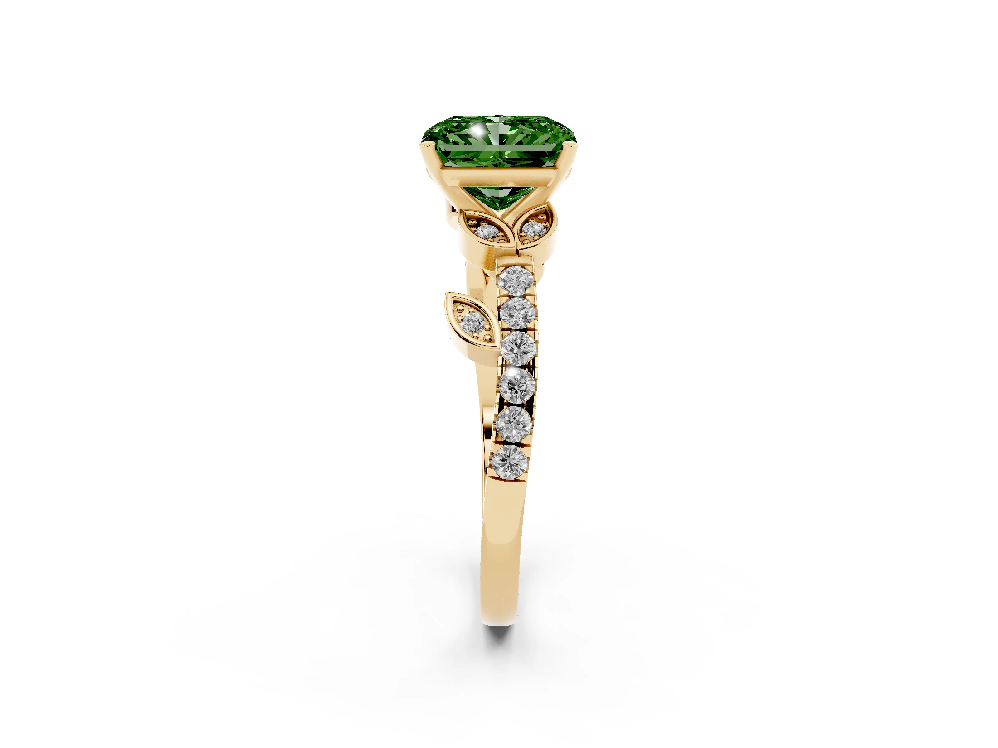 Fancy Green Radiant Cut Diamond Solitaire Leaf-Inspired Ring Set in Yellow gold with Pavé Band and Prong Setting