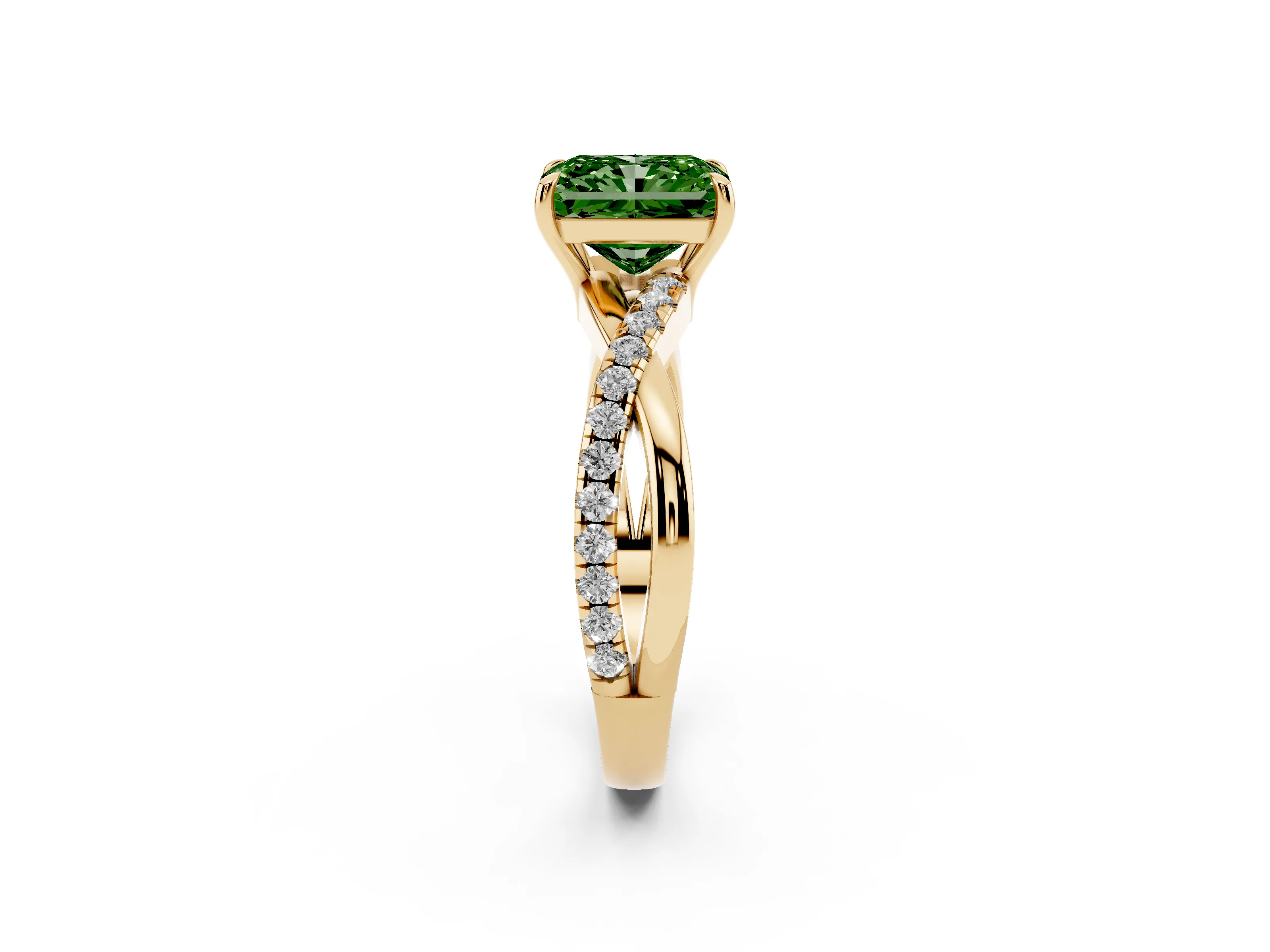 Fancy Green Radiant Cut Diamond Twisted Pavé Band Ring Set in Yellow gold with Prong Setting