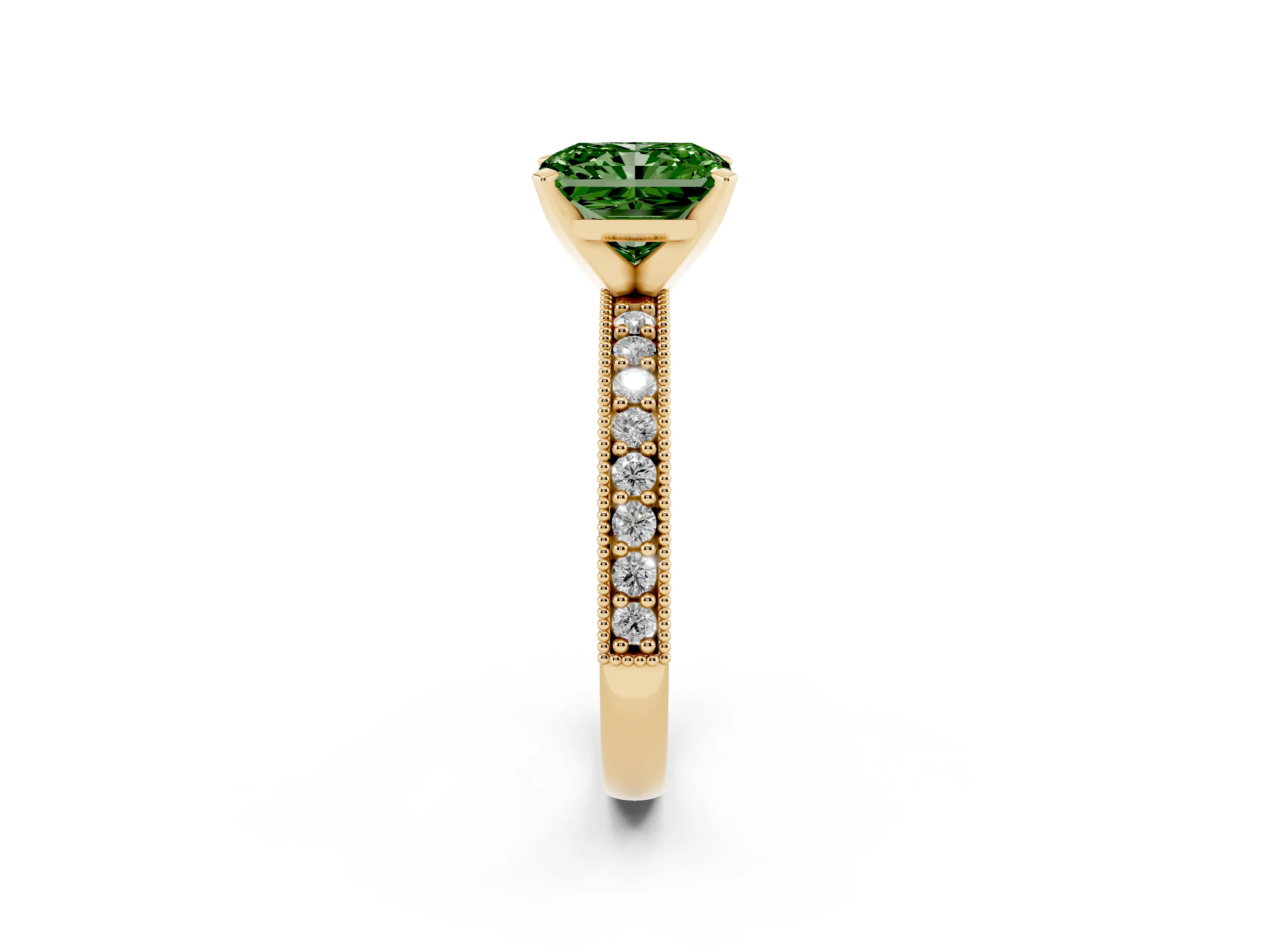Fancy Green Radiant Cut Diamond Milgrain Pavé Engagement Ring Set in Yellow gold with Prong Setting