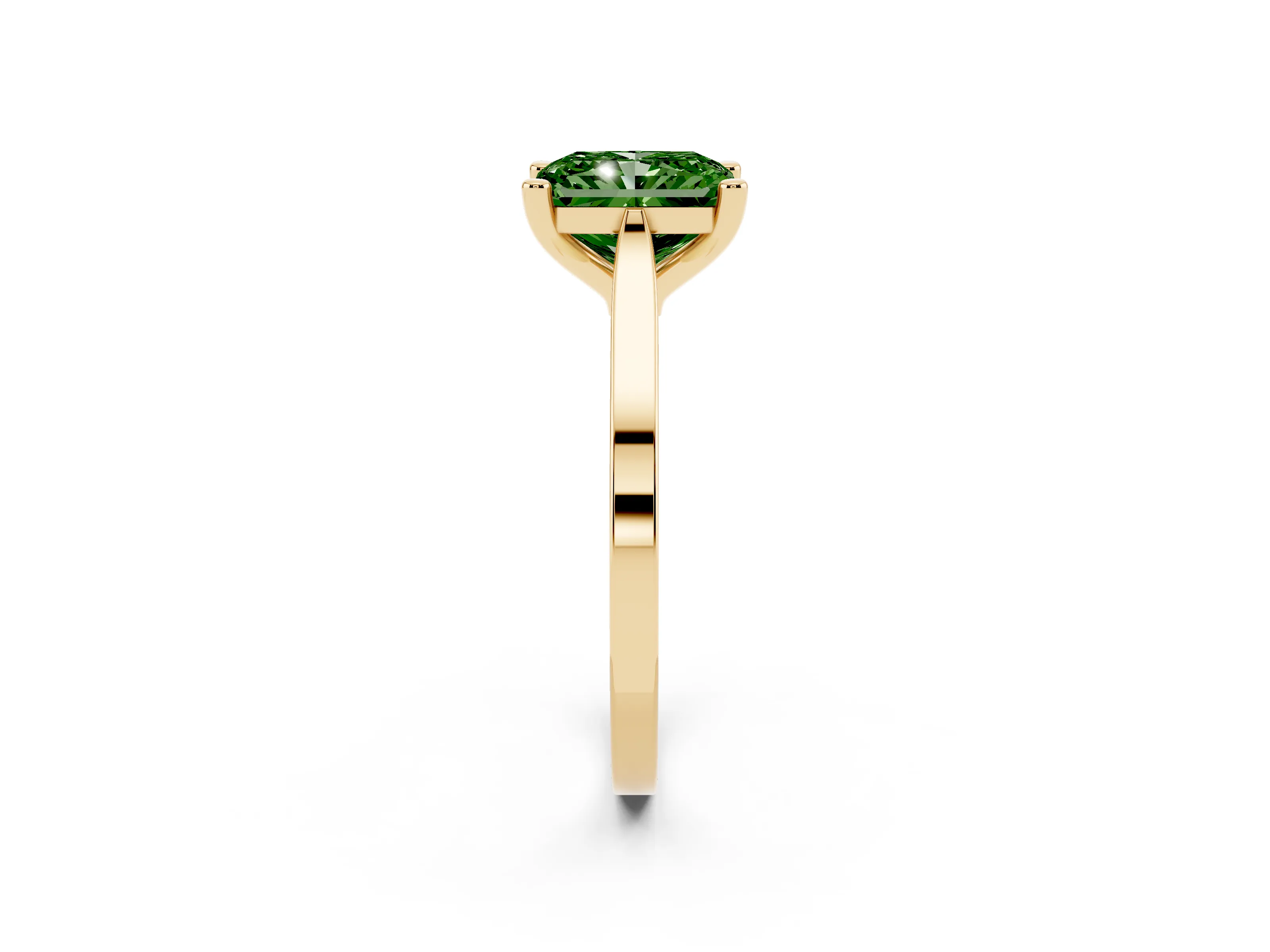 Fancy Green Radiant Cut Diamond Solitaire Ring Set in Yellow gold with Prong Setting and Tapered Band