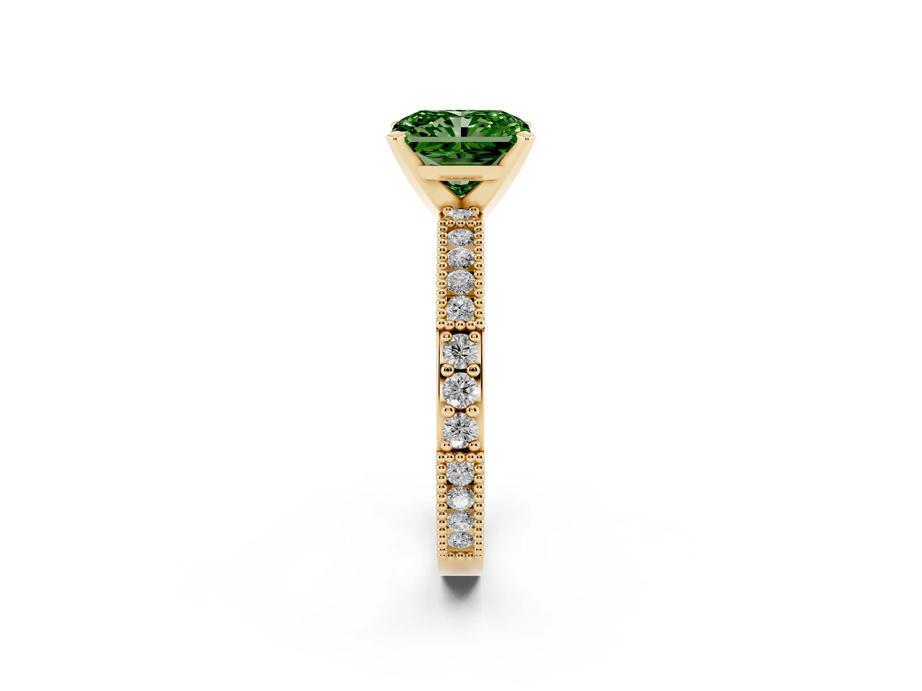 Fancy Green Radiant Cut Diamond Solitaire Ring Set in Yellow gold with Slim Pavé Band and Prong Setting