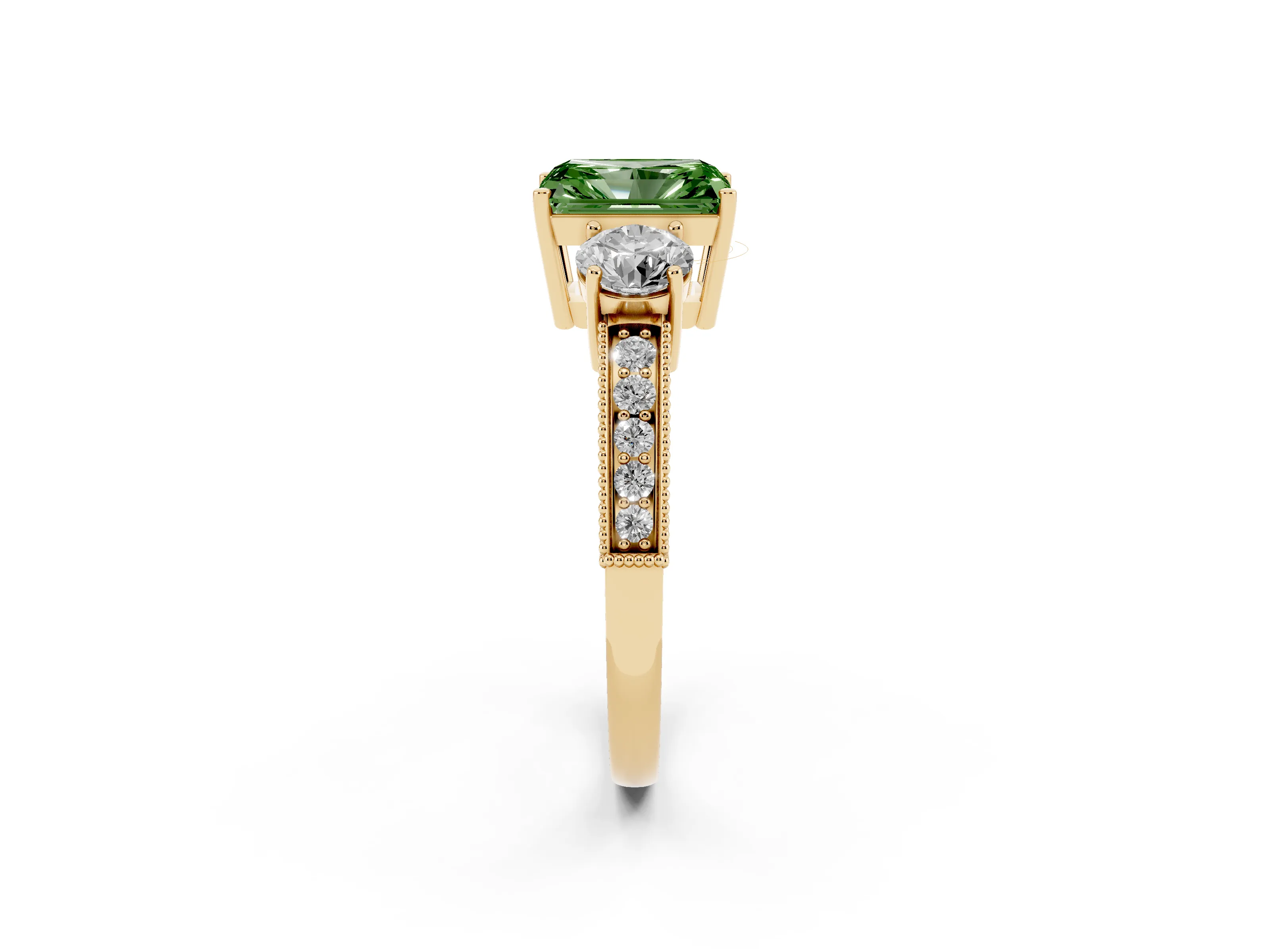 Fancy Green Radiant Cut Diamond Three-Stone Ring Set in Yellow gold with Round Side Stones and Pavé Band