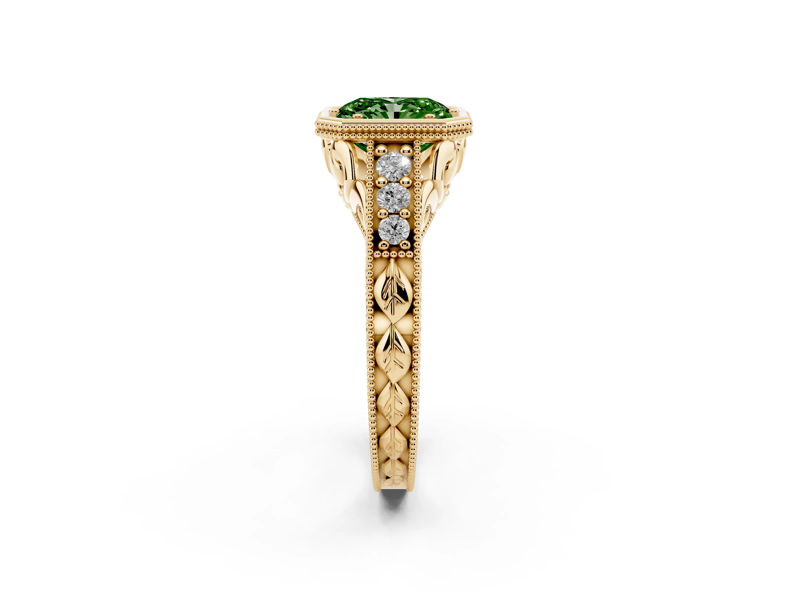 Fancy Green Bezel Set Radiant Cut Diamond Milgrain Pavé Engagement Ring Set in Yellow gold
