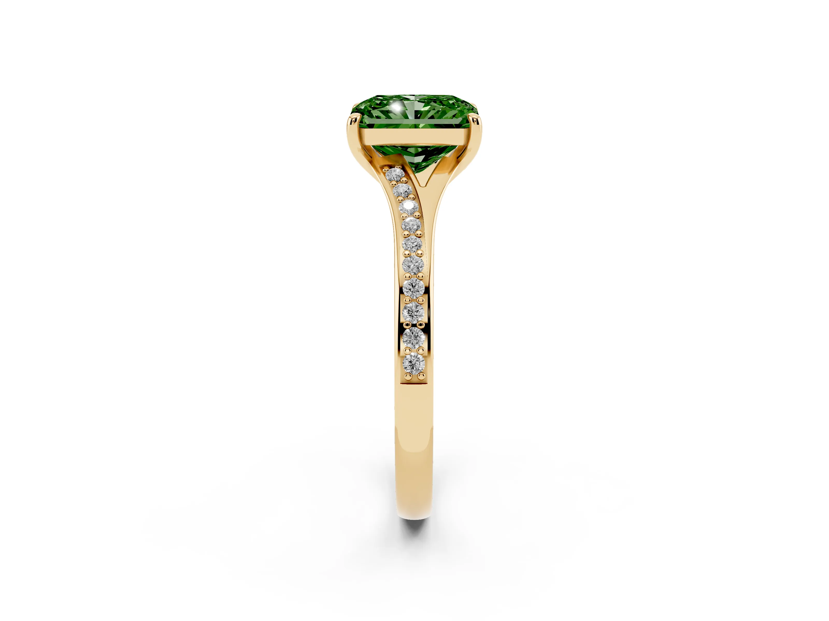 Fancy Green Radiant Cut Diamond Solitaire Ring Set in Yellow gold with Pavé Accent Band and Classic Prong Setting