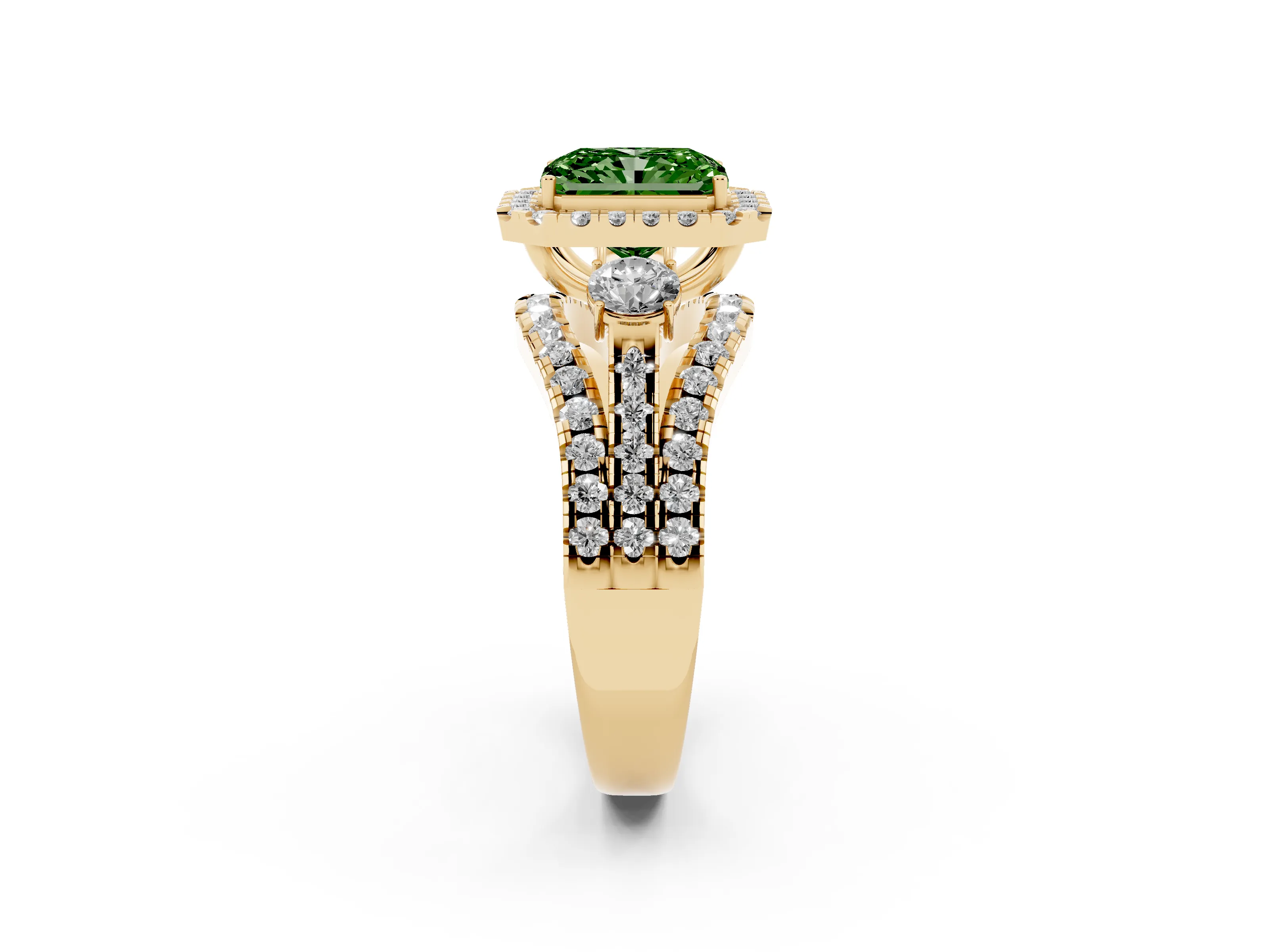 Fancy Green Radiant Cut Diamond Halo Split Shank Ring Set in Yellow gold with Round Accent Stones and Prong Setting