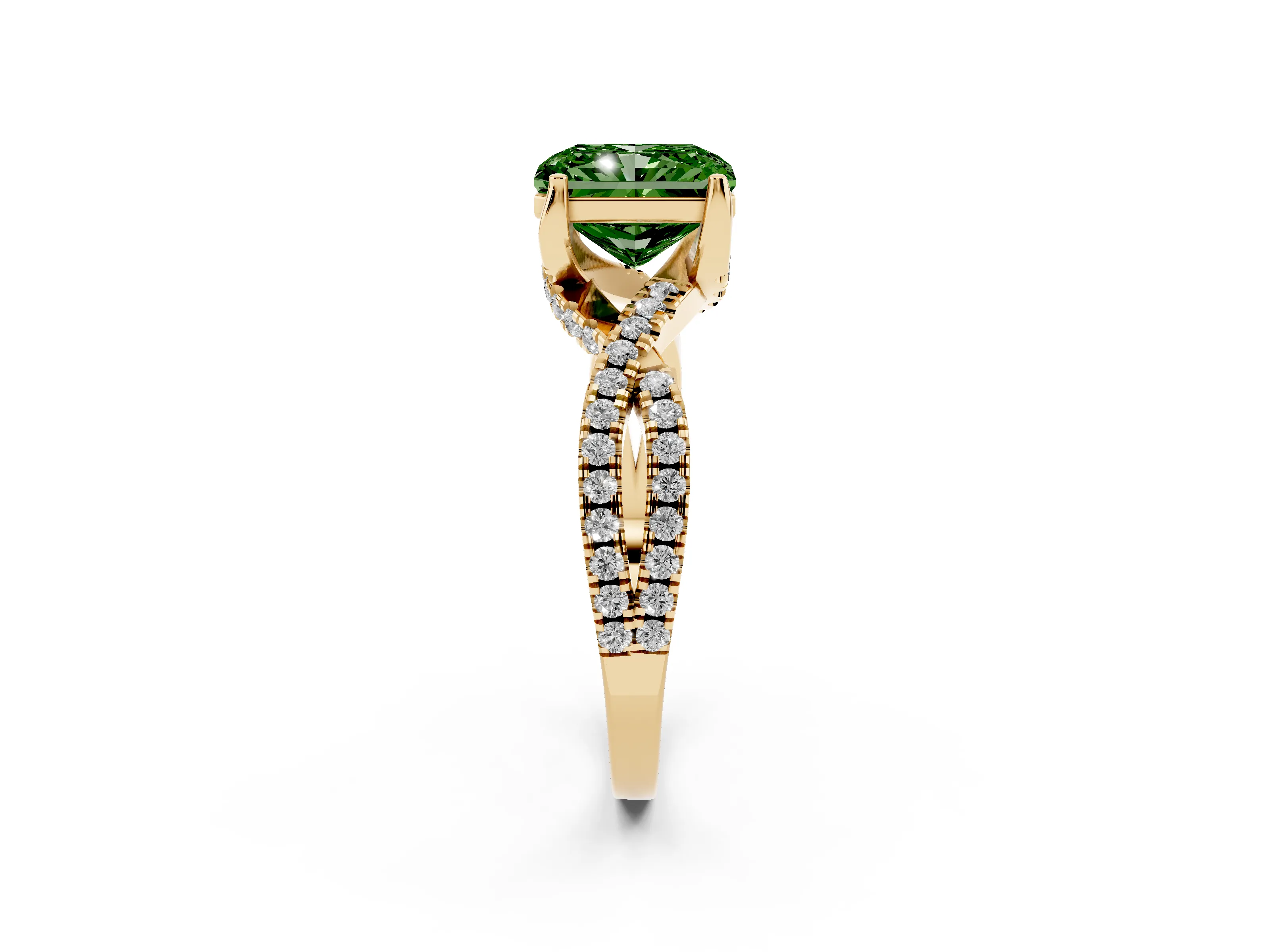 Fancy Green Radiant Cut Diamond Twist Pavé Solitaire Engagement Ring Set in Yellow gold with Prong Setting