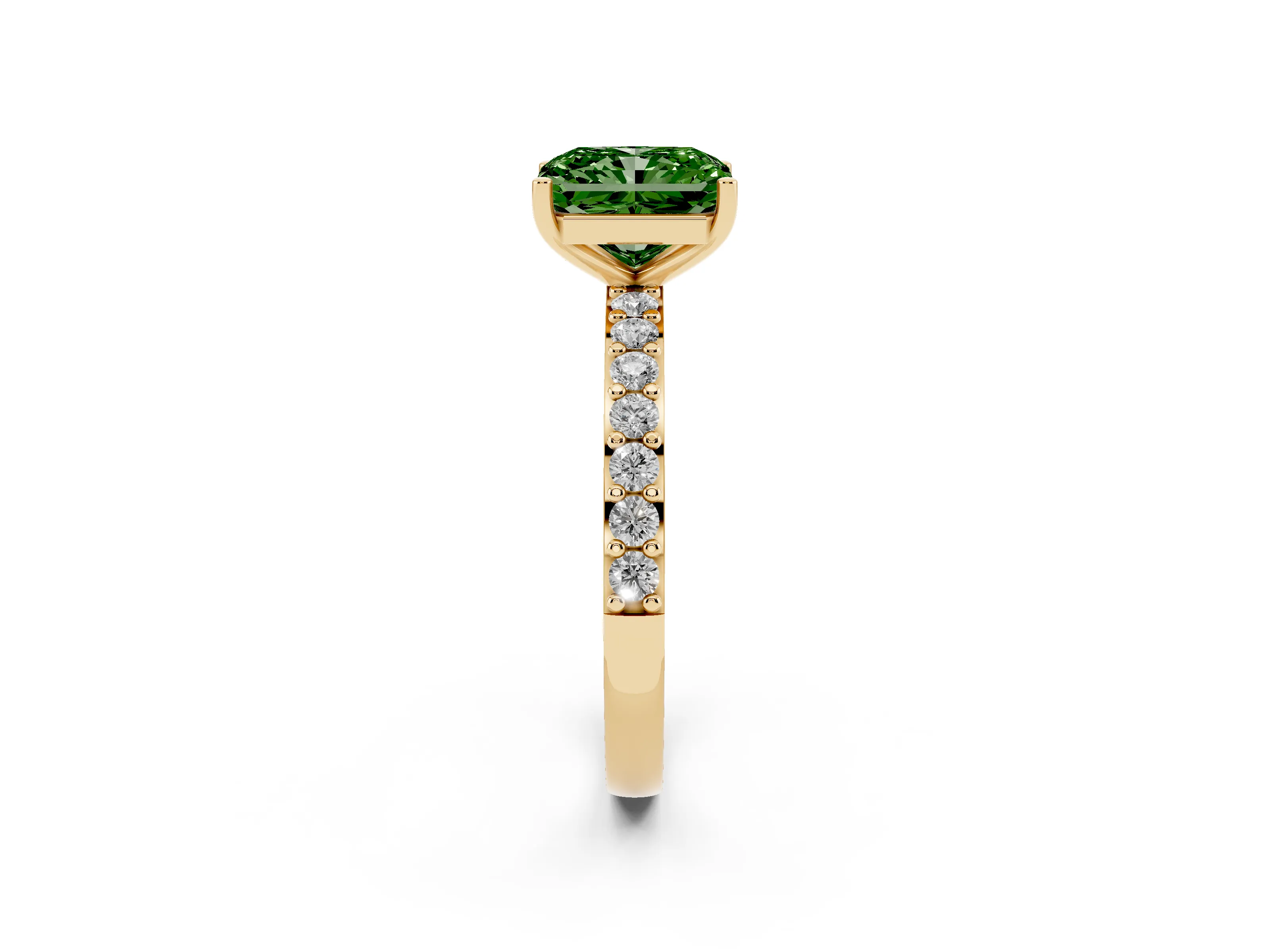 Fancy Green Radiant Cut Diamond Solitaire Set in Yellow gold with Round Pavé Band and Prong Setting