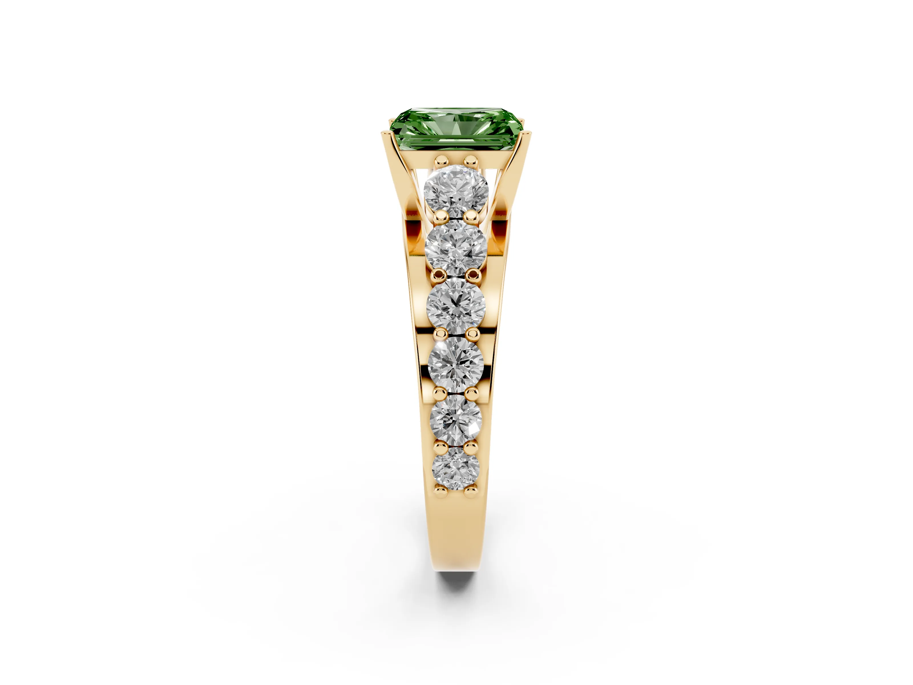 Fancy Green Radiant Cut Diamond Pavé Engagement Ring Set in Yellow gold with Prong Setting