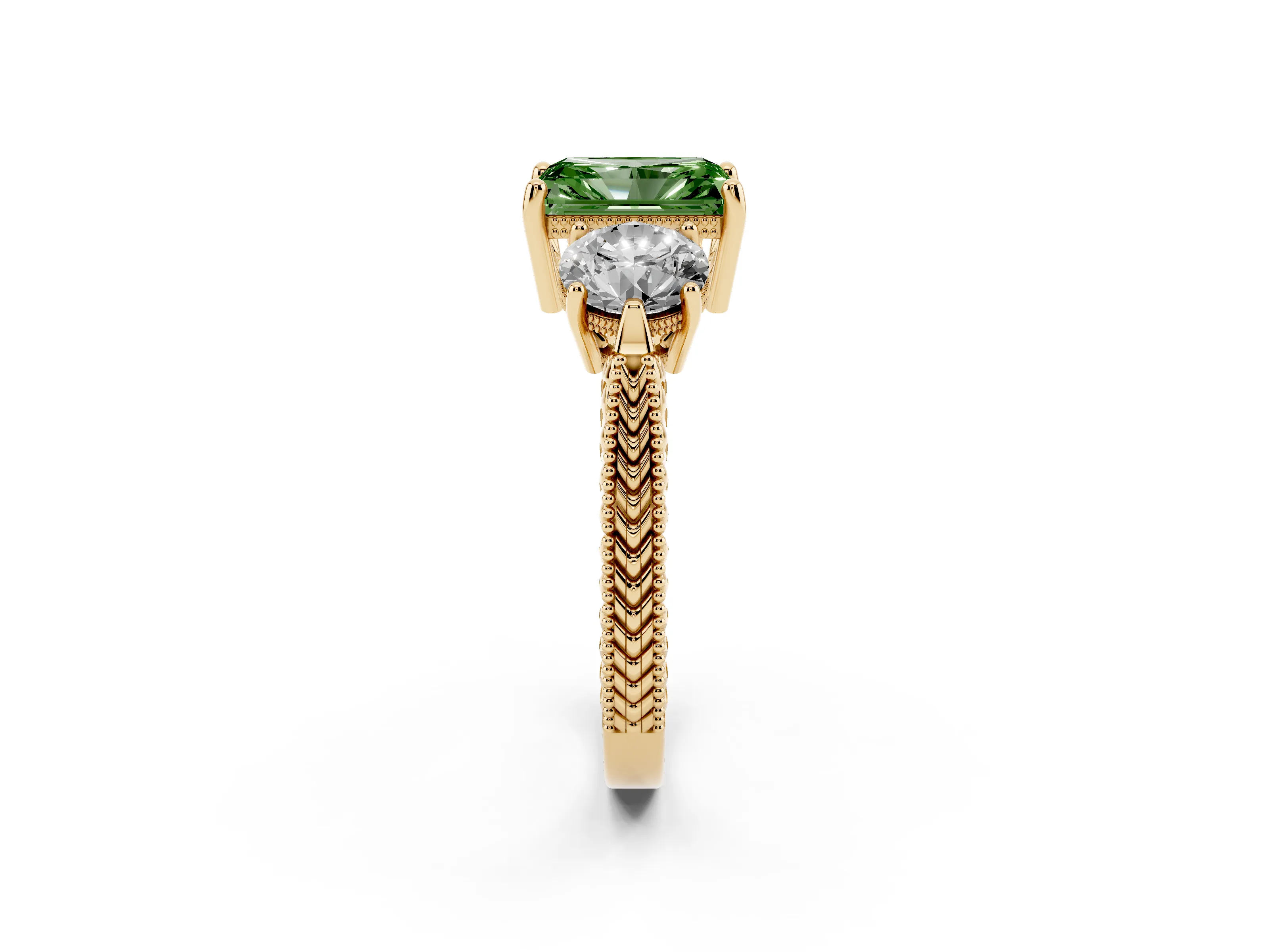 Fancy Green Radiant Cut Diamond Three-Stone Ring Set in Yellow gold with Milgrain Band