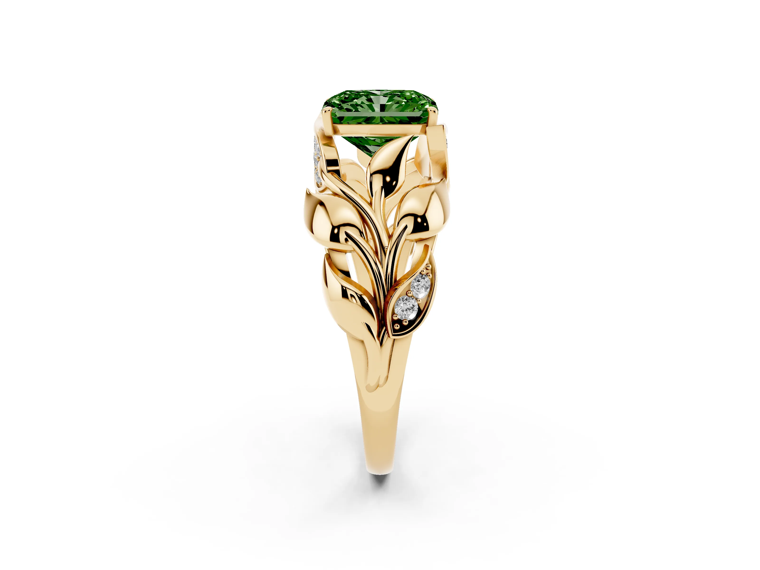 Fancy Green Radiant Cut Diamond Leaf-Inspired Engagement Ring Set in Yellow gold with Round Accents