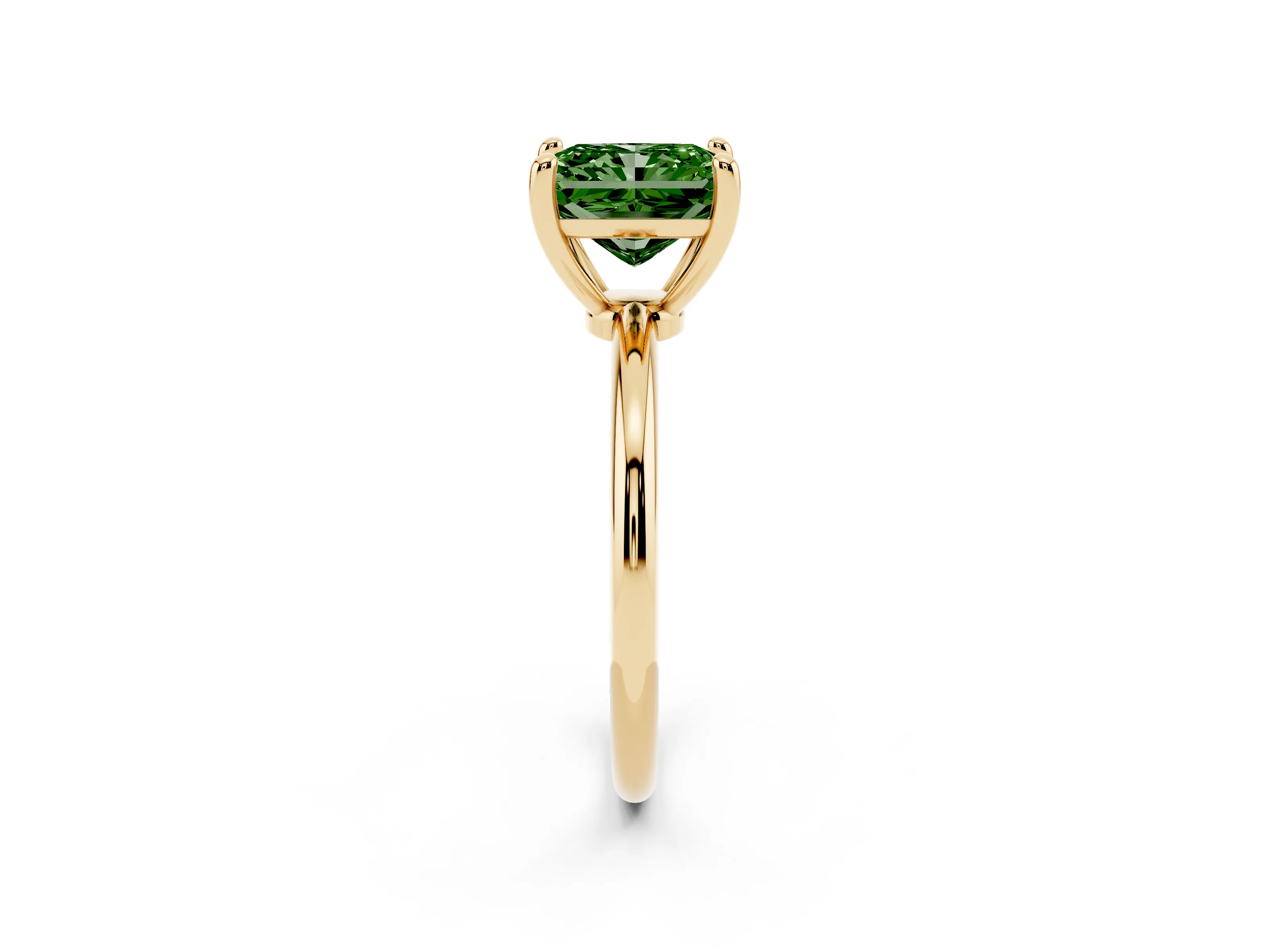 Fancy Green Radiant Cut Diamond Solitaire Ring Set in Yellow gold with Secure Prong Setting on a Classic Band