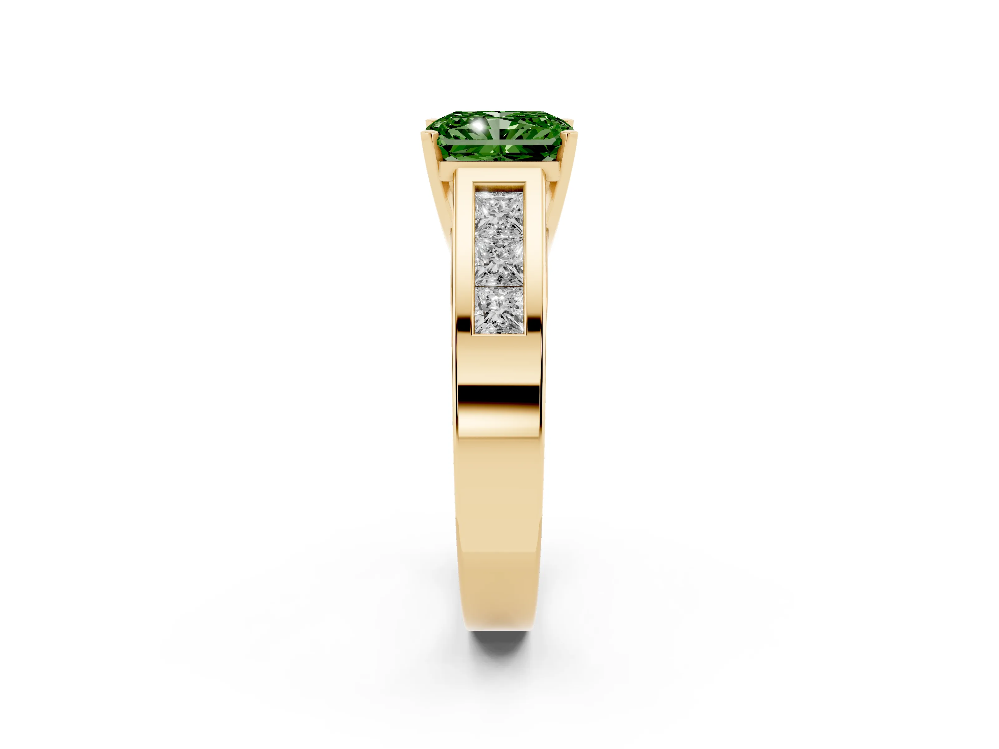 Fancy Green Radiant Cut Diamond Solitaire Ring Set in Yellow gold with Channel-Set Accent Stones and Prong Setting