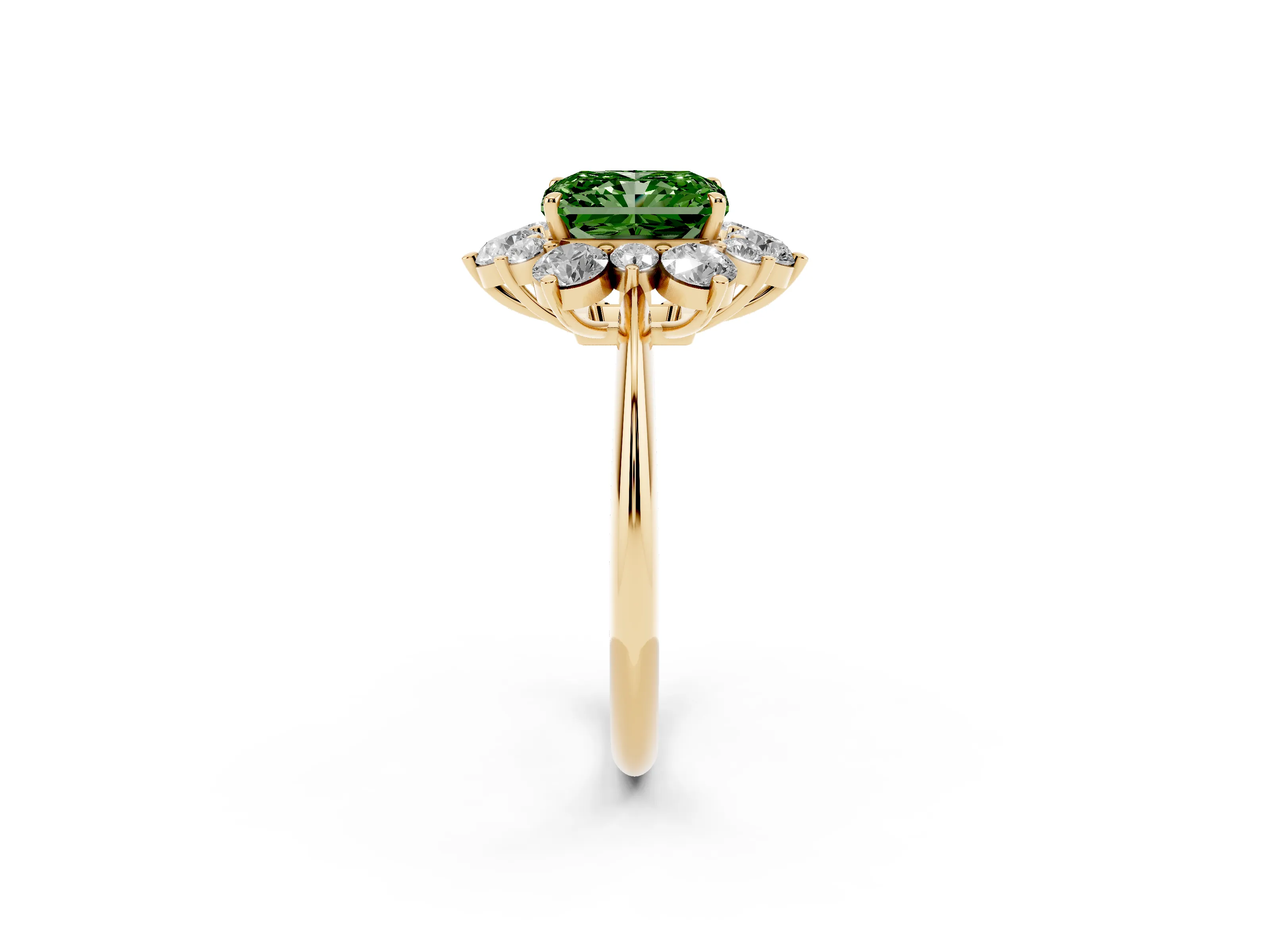 Fancy Green Radiant Cut Diamond Cluster Halo Ring Set in Yellow gold with Solitaire Band and Prong Setting