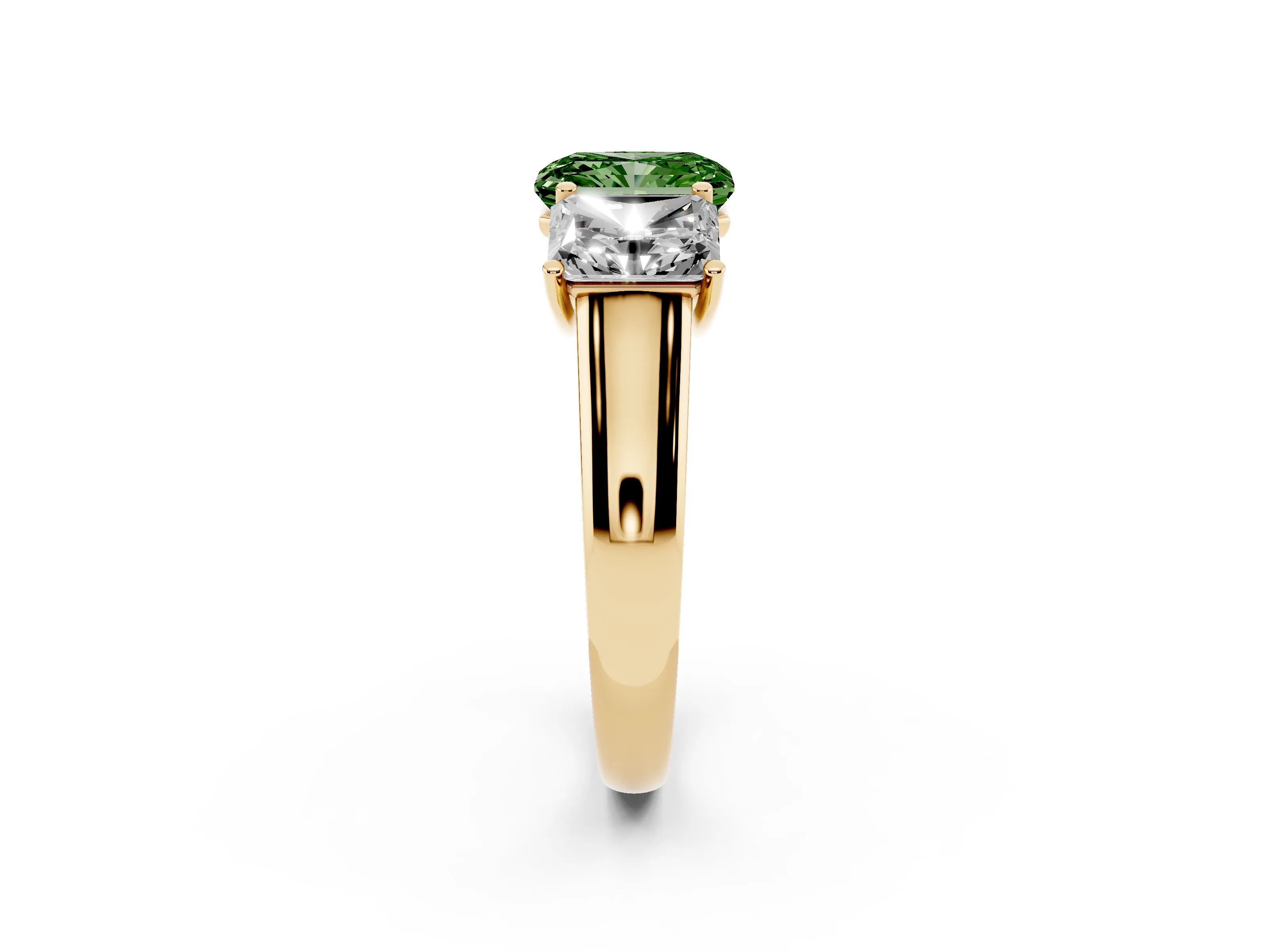 Fancy Green Radiant Cut Diamond Three-Stone Ring Set in Yellow gold with Plain Polished Band