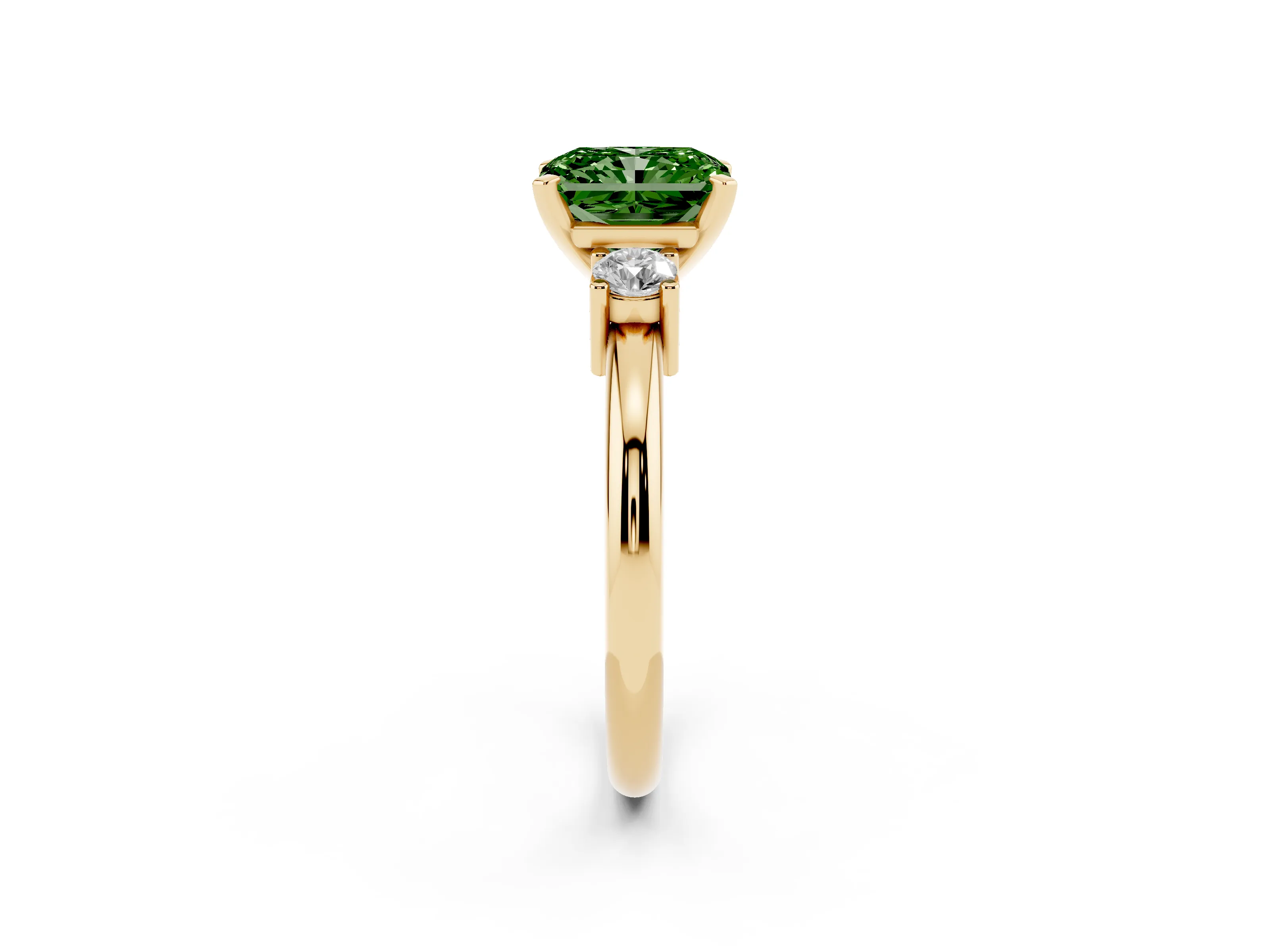 Fancy Green Three-Stone Radiant Cut Diamond Ring Set in Yellow gold with Prong Setting and Plain Band