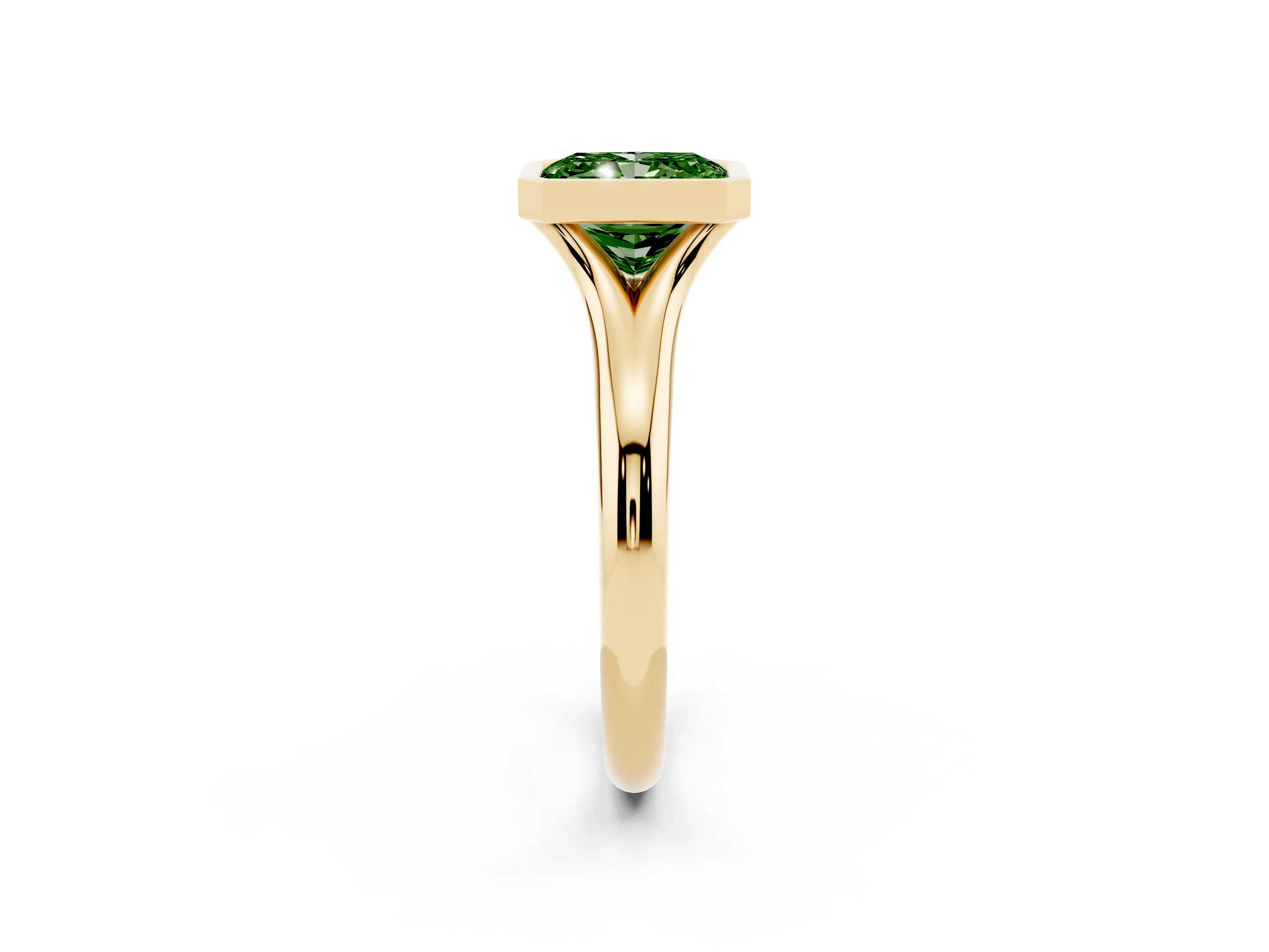 Fancy Green Bezel Set Radiant Cut Diamond Solitaire Ring Set in Yellow gold with Smooth Band