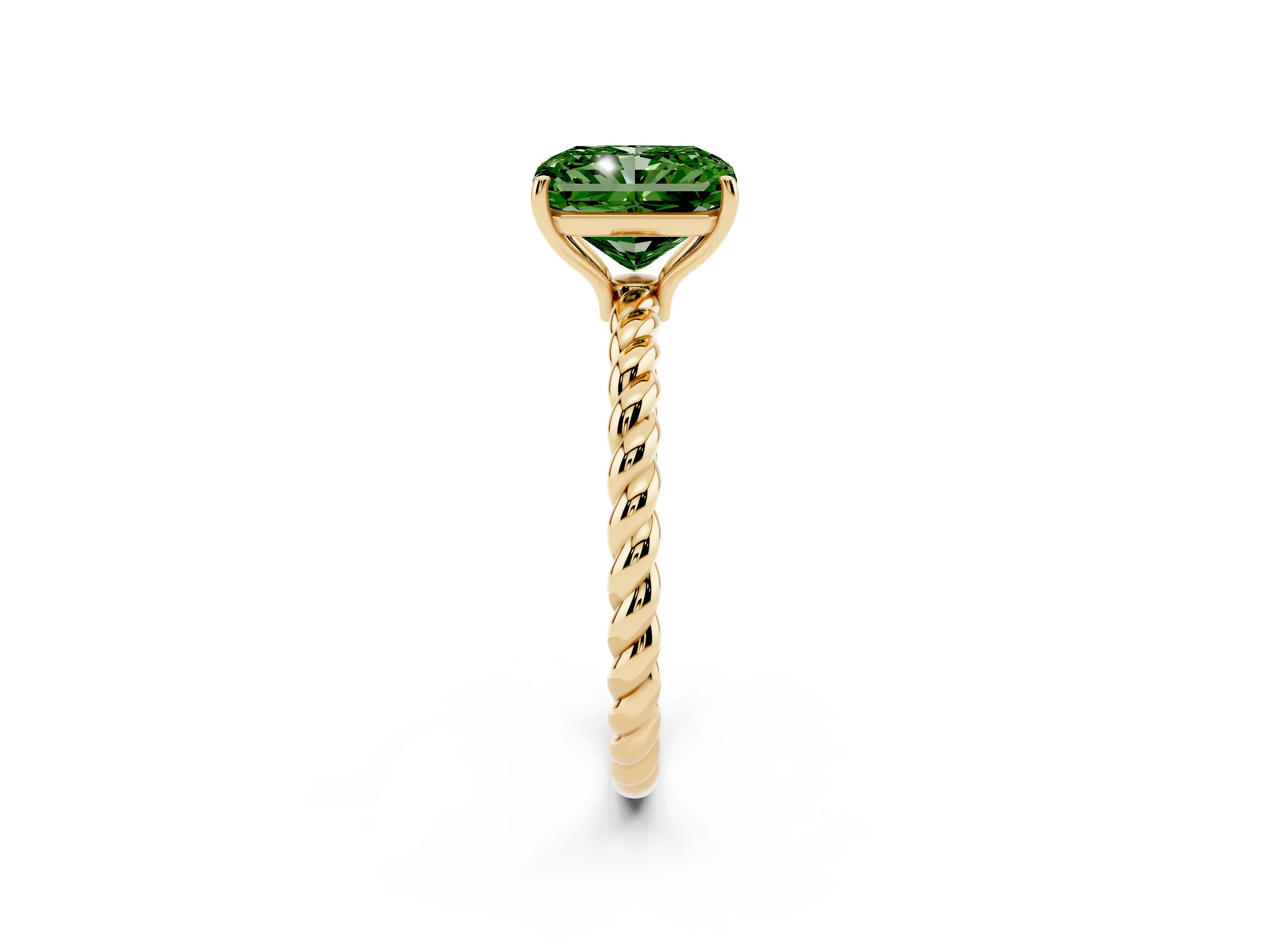 Fancy Green Radiant Cut Diamond Solitaire Ring Set in Yellow gold with Twist Band and Prong Setting