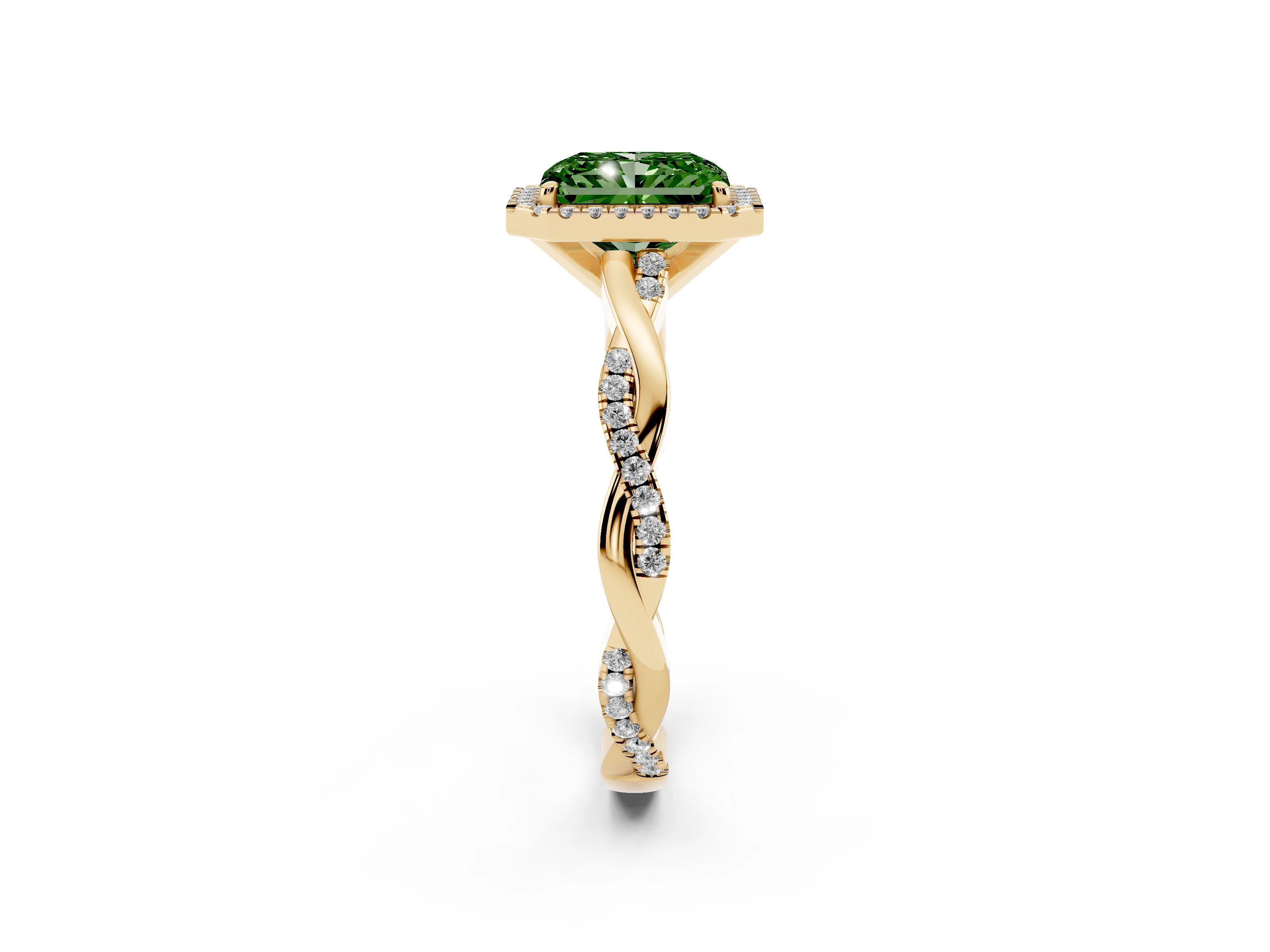 Fancy Green Radiant Cut Diamond Halo Twisted Band Ring Set in Yellow gold with Prong Setting