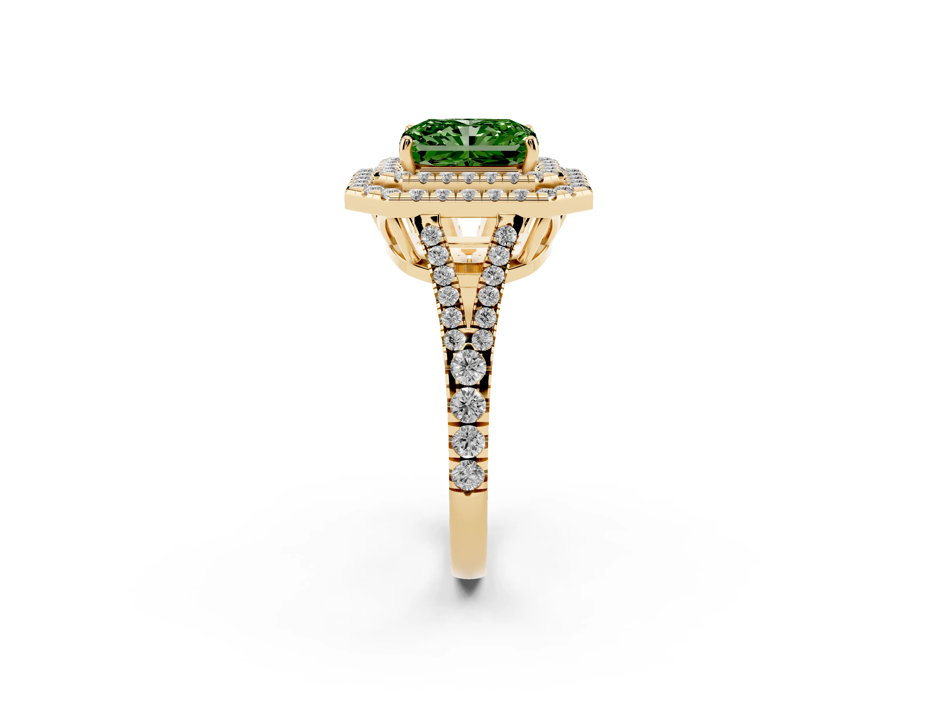 Fancy Green Radiant Cut Diamond Double Halo Ring Set in Yellow gold with Pavé Band