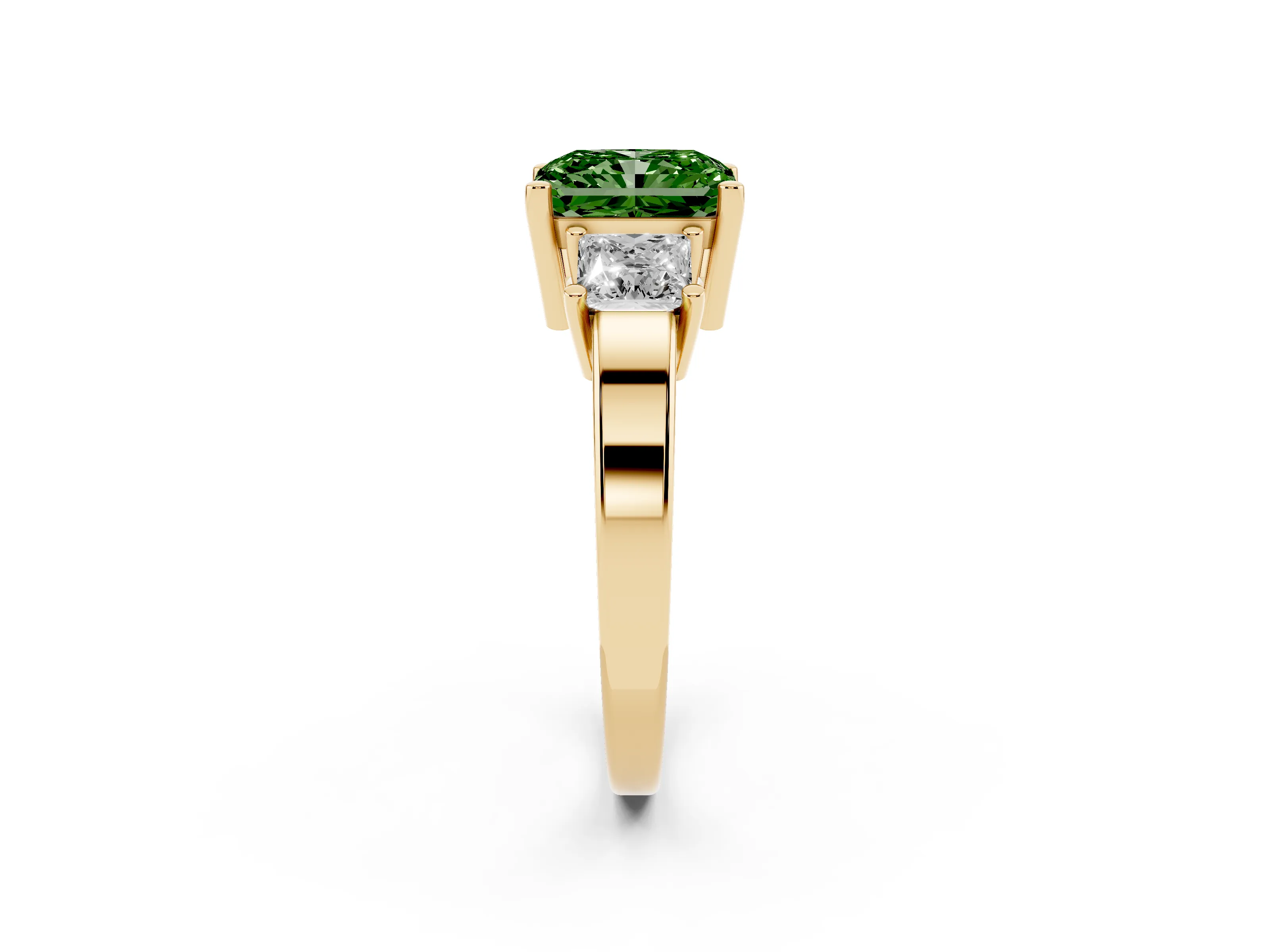 Fancy Green Three-Stone Radiant Cut Diamond Solitaire Ring Set in Yellow gold with Prong Setting