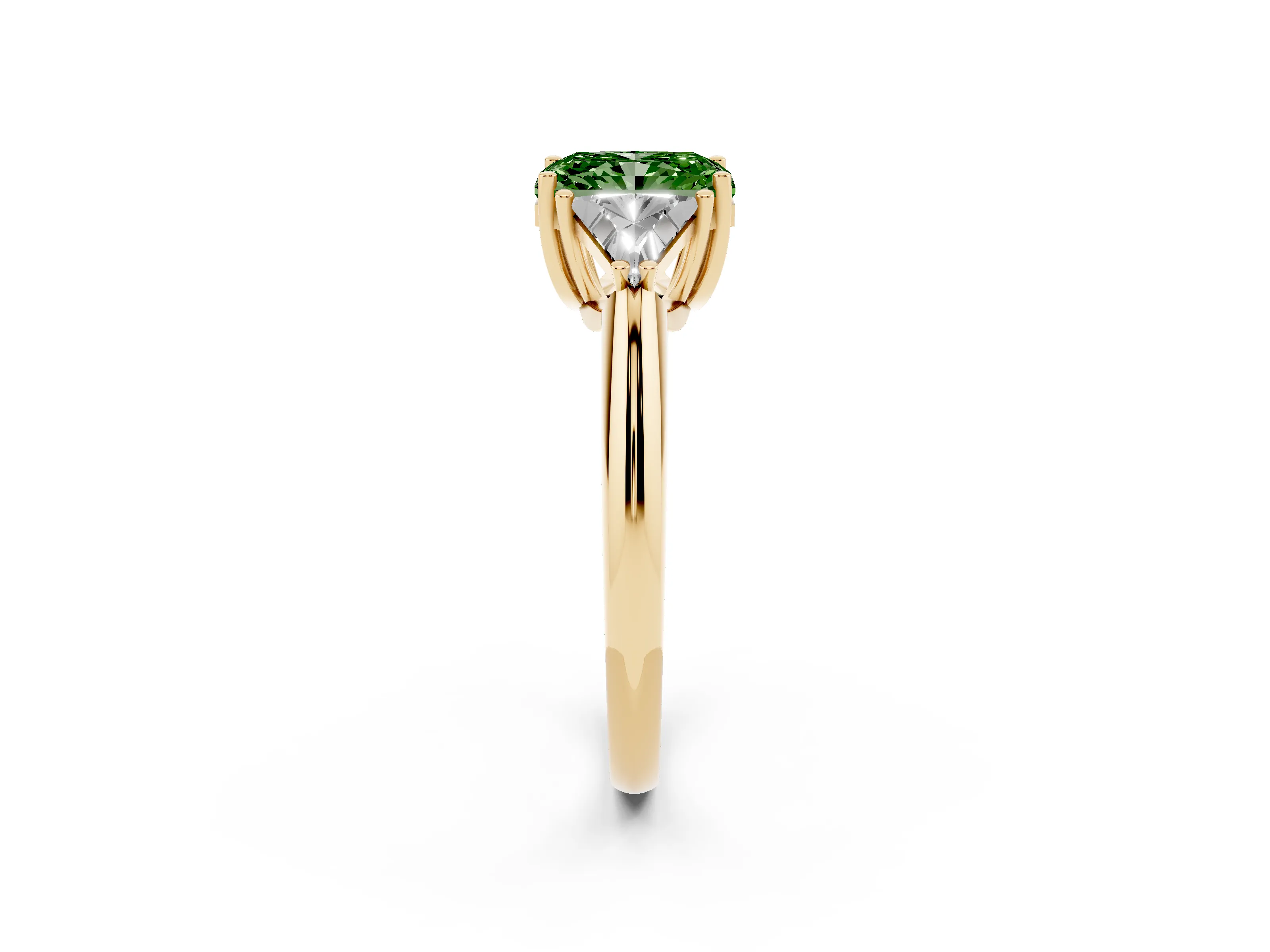Fancy Green Radiant Cut Diamond Three-Stone Engagement Ring Set in Yellow gold with Trillion Side Stones