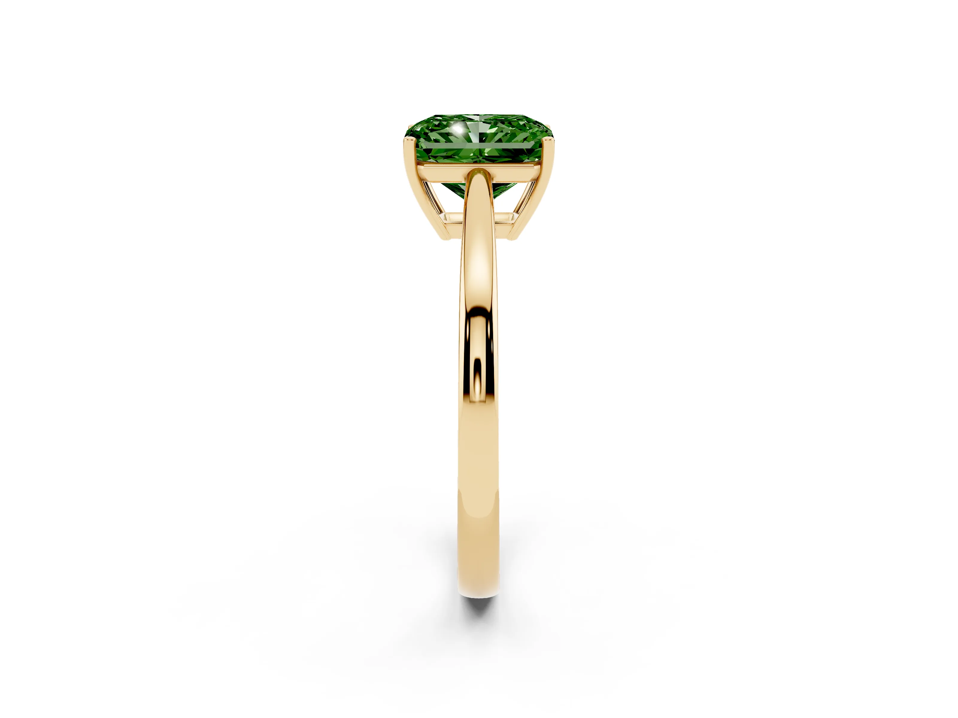 Fancy Green Radiant Cut Diamond Solitaire Ring Set in Yellow gold with Split Shank and Prong Setting