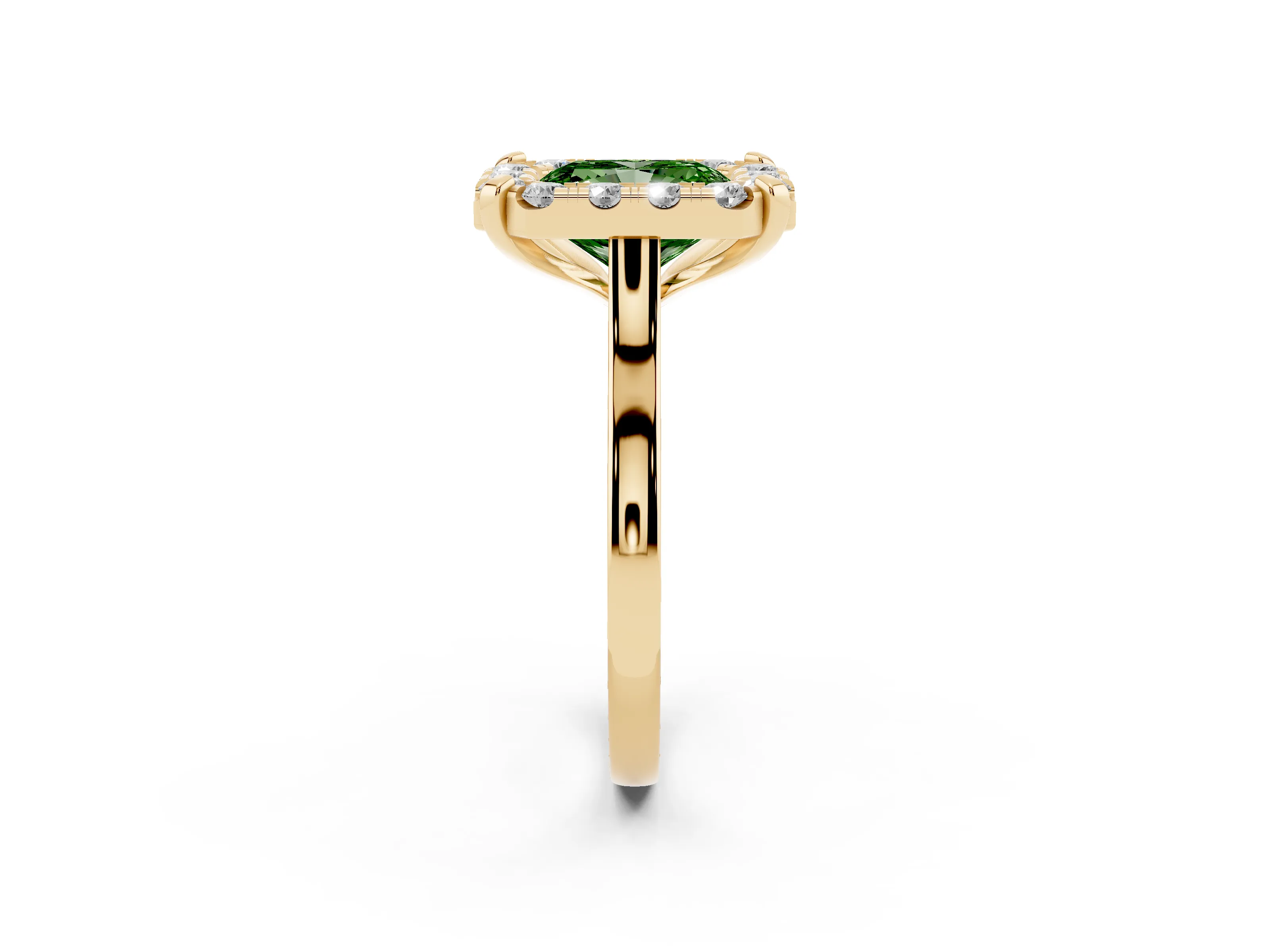 Fancy Green Radiant Cut Diamond Cluster Halo Solitaire Ring Set in Yellow gold with Prong Setting