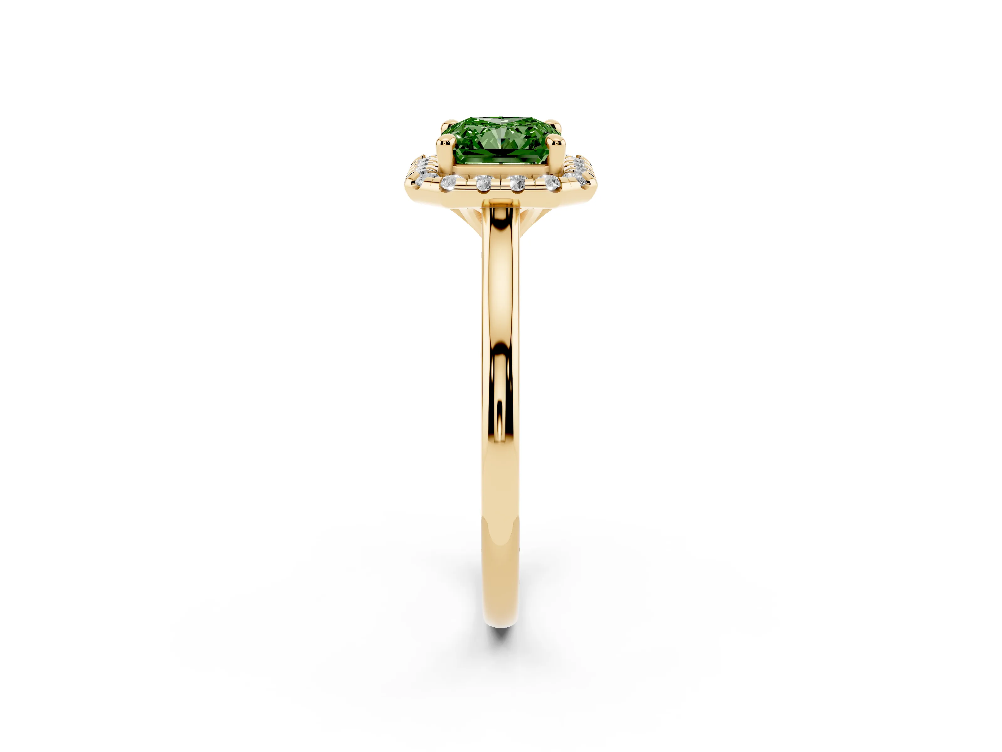 Fancy Green Radiant Cut Diamond Halo Engagement Ring Set in Yellow gold with Pavé Band and Rising Shoulders