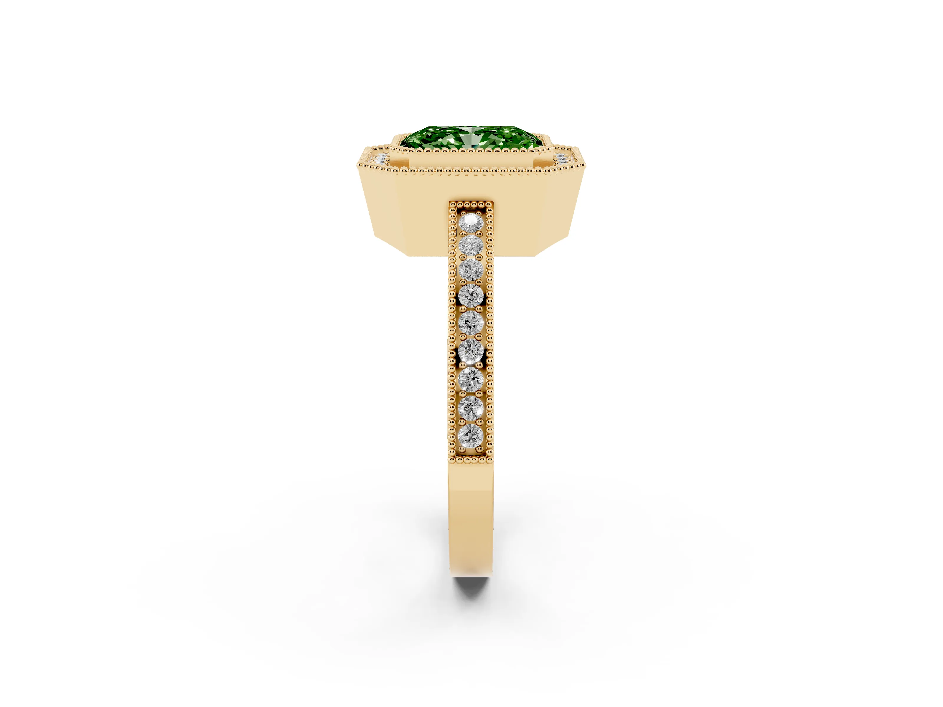 Fancy Green Radiant Cut Diamond Halo Ring Set in Yellow gold with Pavé Band and Milgrain-Edged Prongs