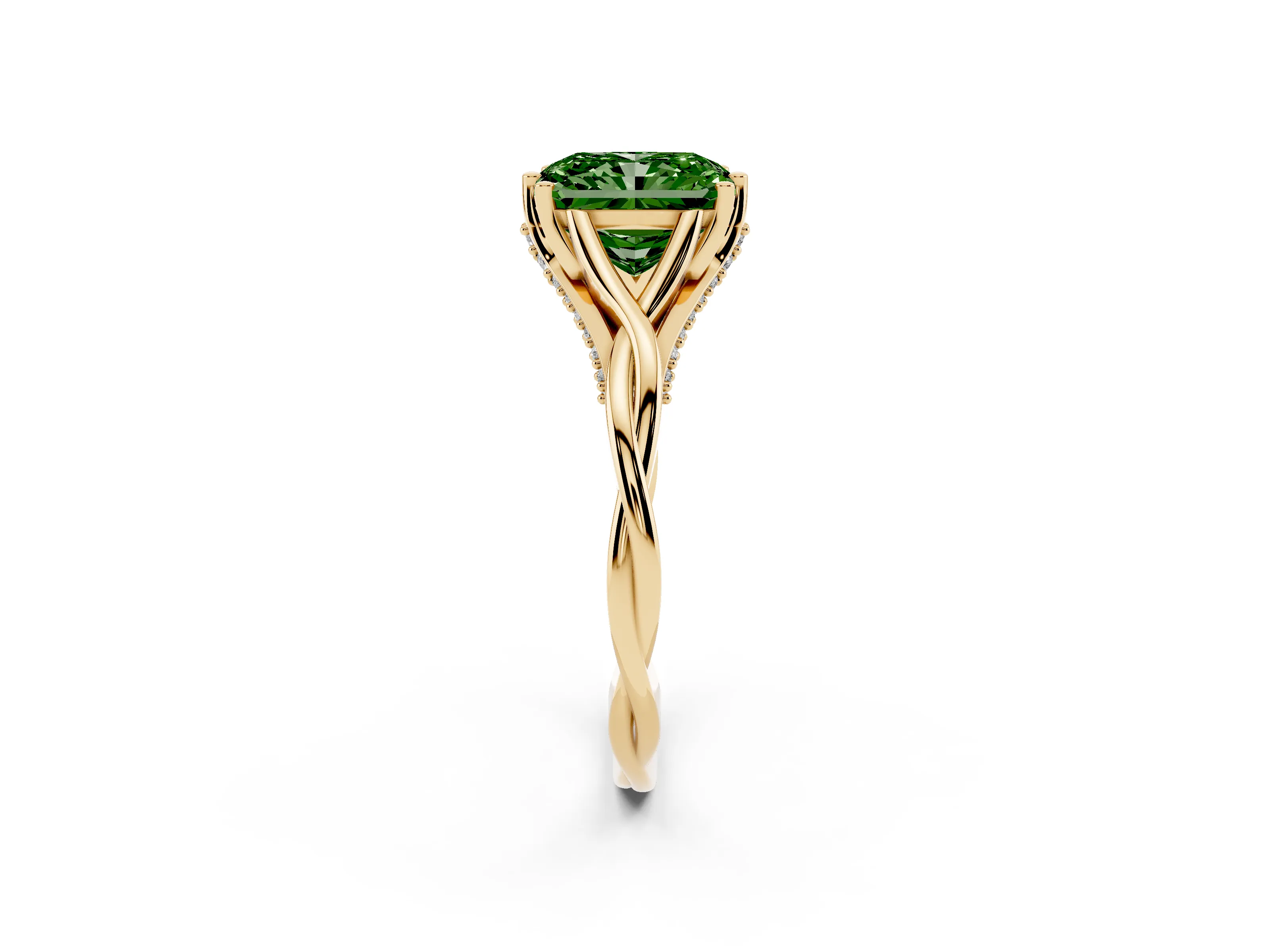 Fancy Green Radiant Cut Diamond Intertwined Twist Band Solitaire Ring Set in Yellow gold with Prong Setting
