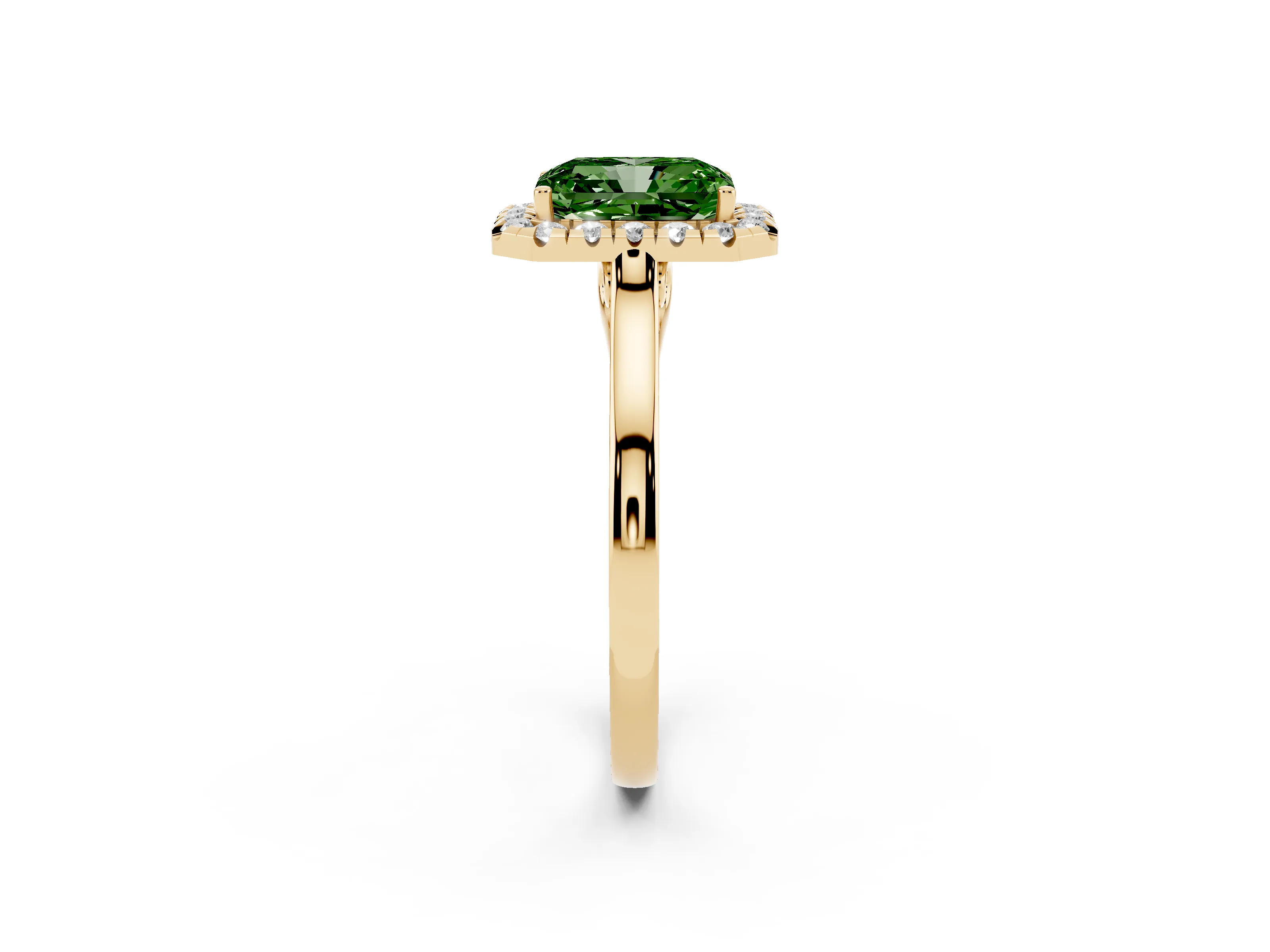 Fancy Green Radiant Cut Halo Round Diamond Solitaire Ring Set in Yellow gold with Pavé Band and Prong Setting