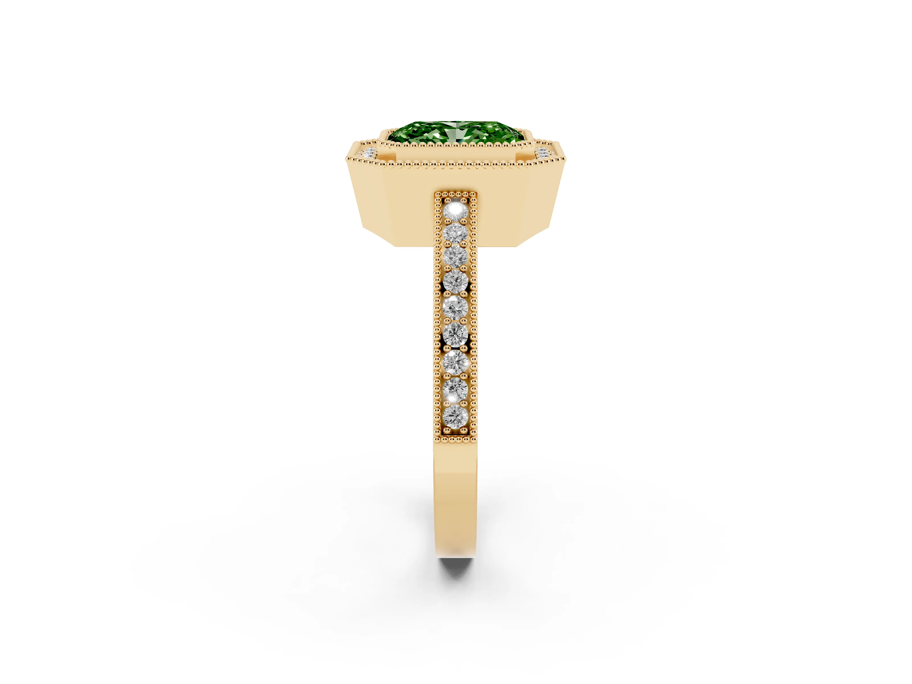 Fancy Green Radiant Cut Diamond Round Halo Ring Set in Yellow gold with Pavé Band