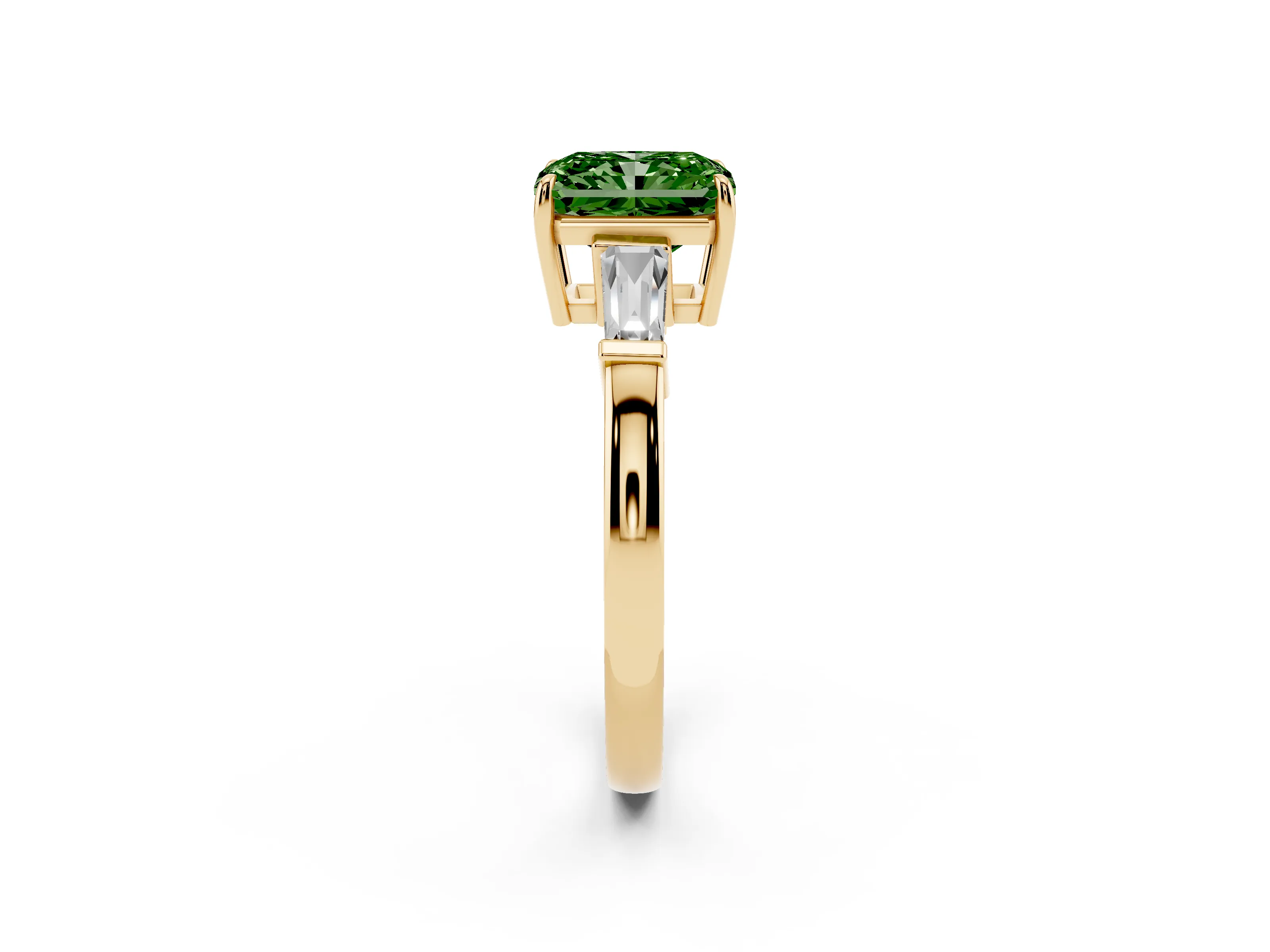 Fancy Green Radiant Cut Diamond Three-Stone Ring Set in Yellow gold with Tapered Baguette Side Stones and Prong Setting