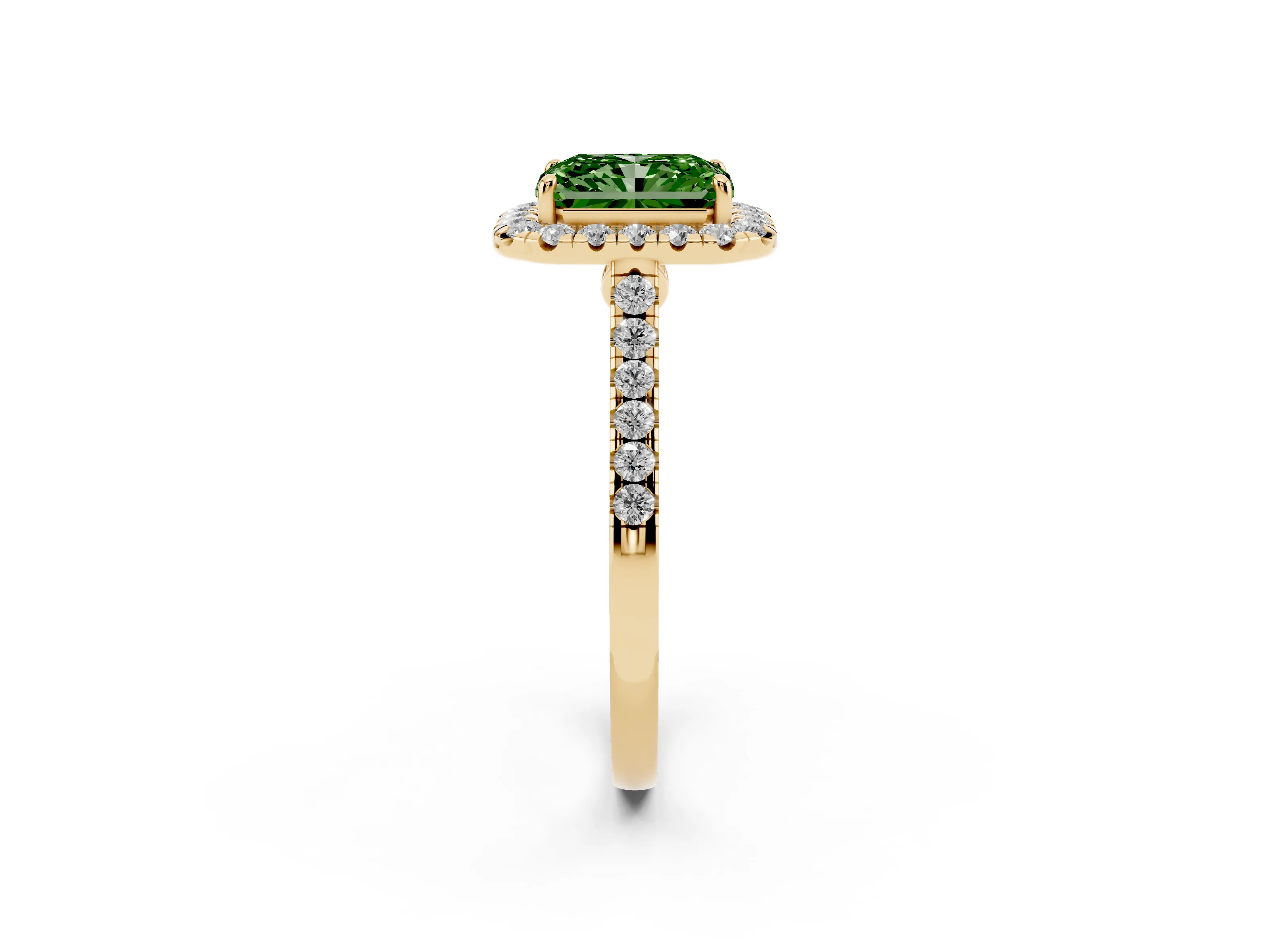 Fancy Green Radiant Cut Diamond Halo Pavé Engagement Ring Set in Yellow gold with Prong Setting