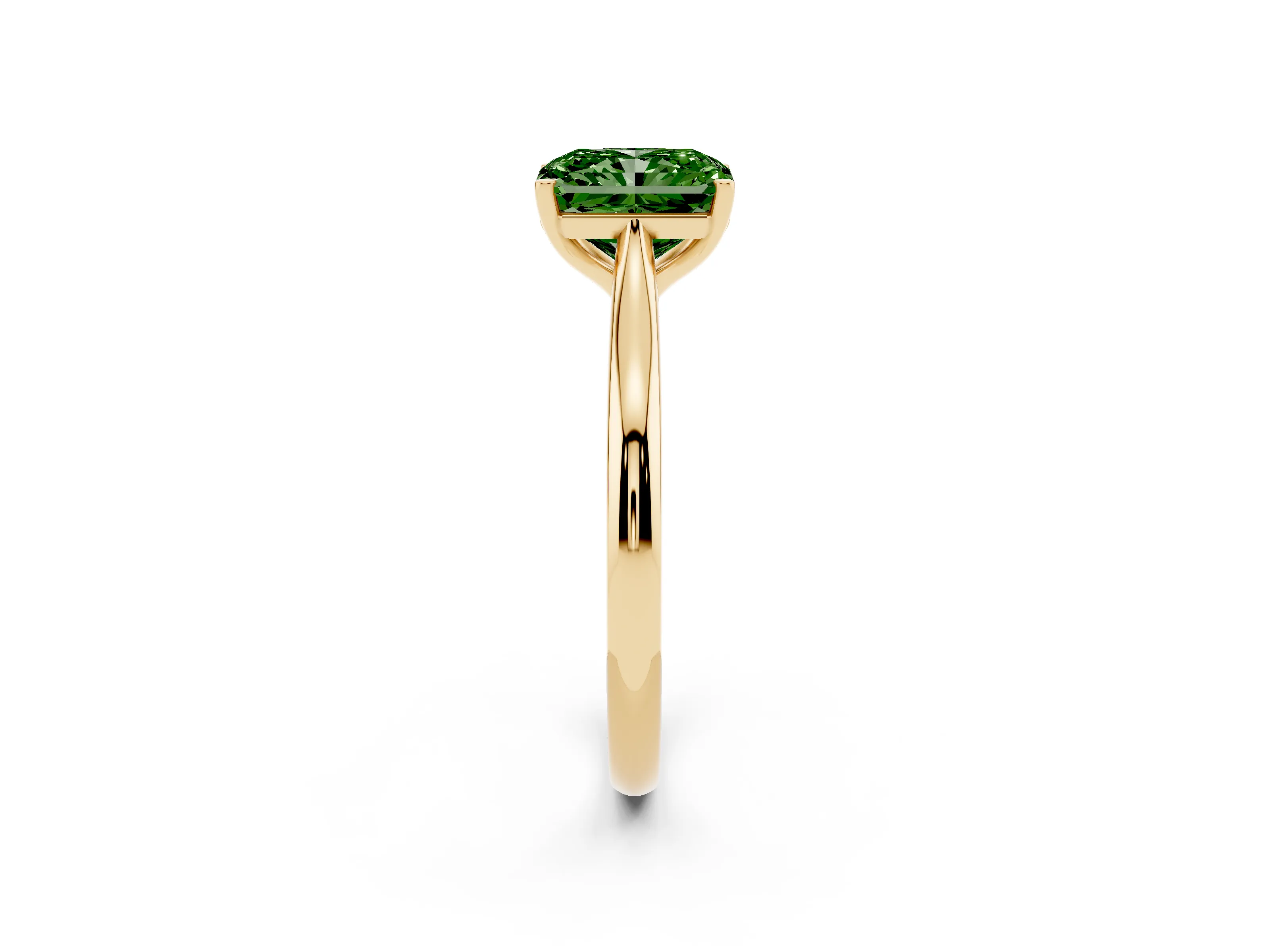 Fancy Green Radiant Cut Diamond Solitaire Ring Set in Yellow gold with Cathedral Band and Prong Setting