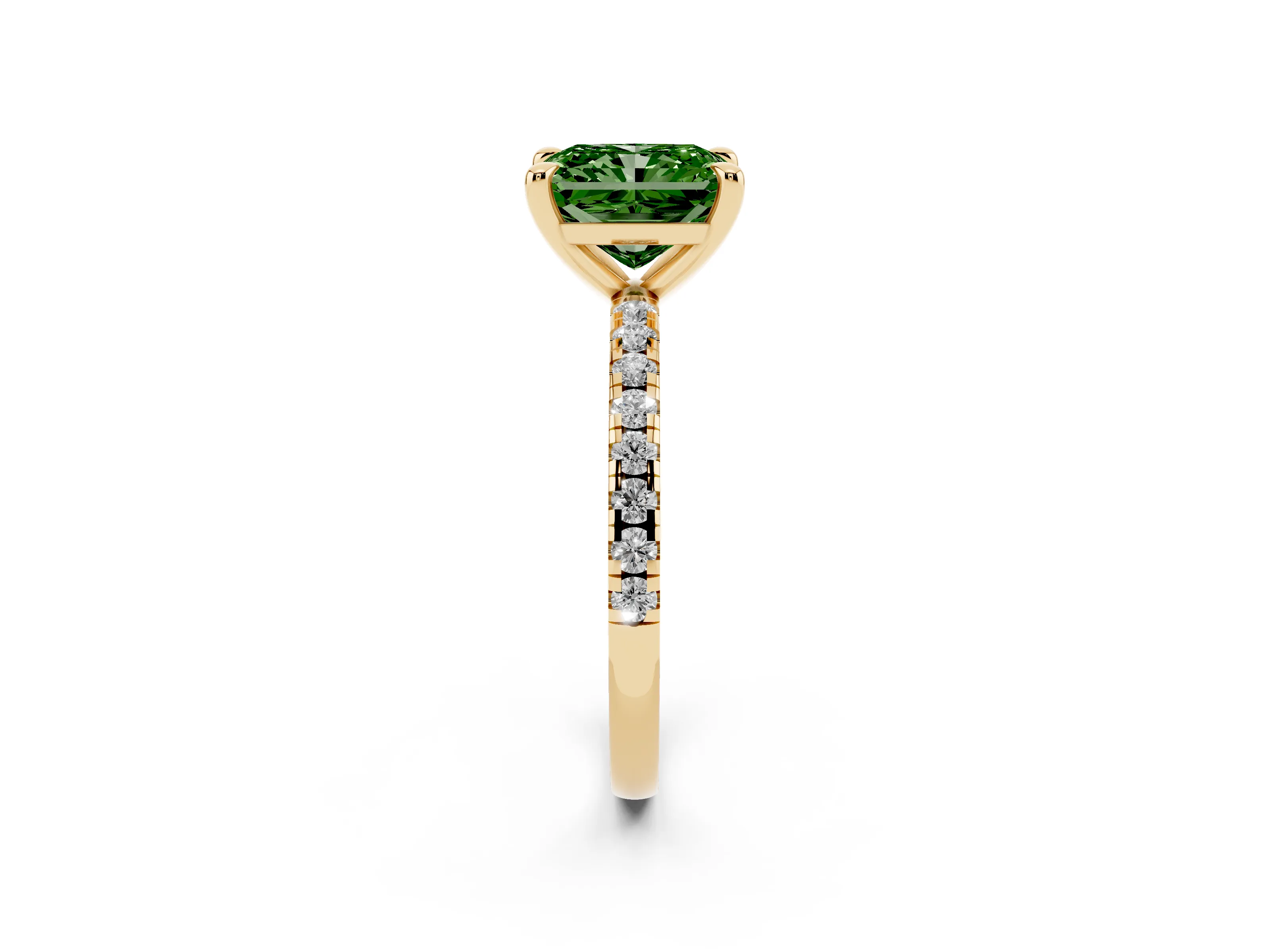 Fancy Green Radiant Cut Diamond Brilliant Solitaire Ring Set in Yellow gold with Pavé Band and Prong Setting