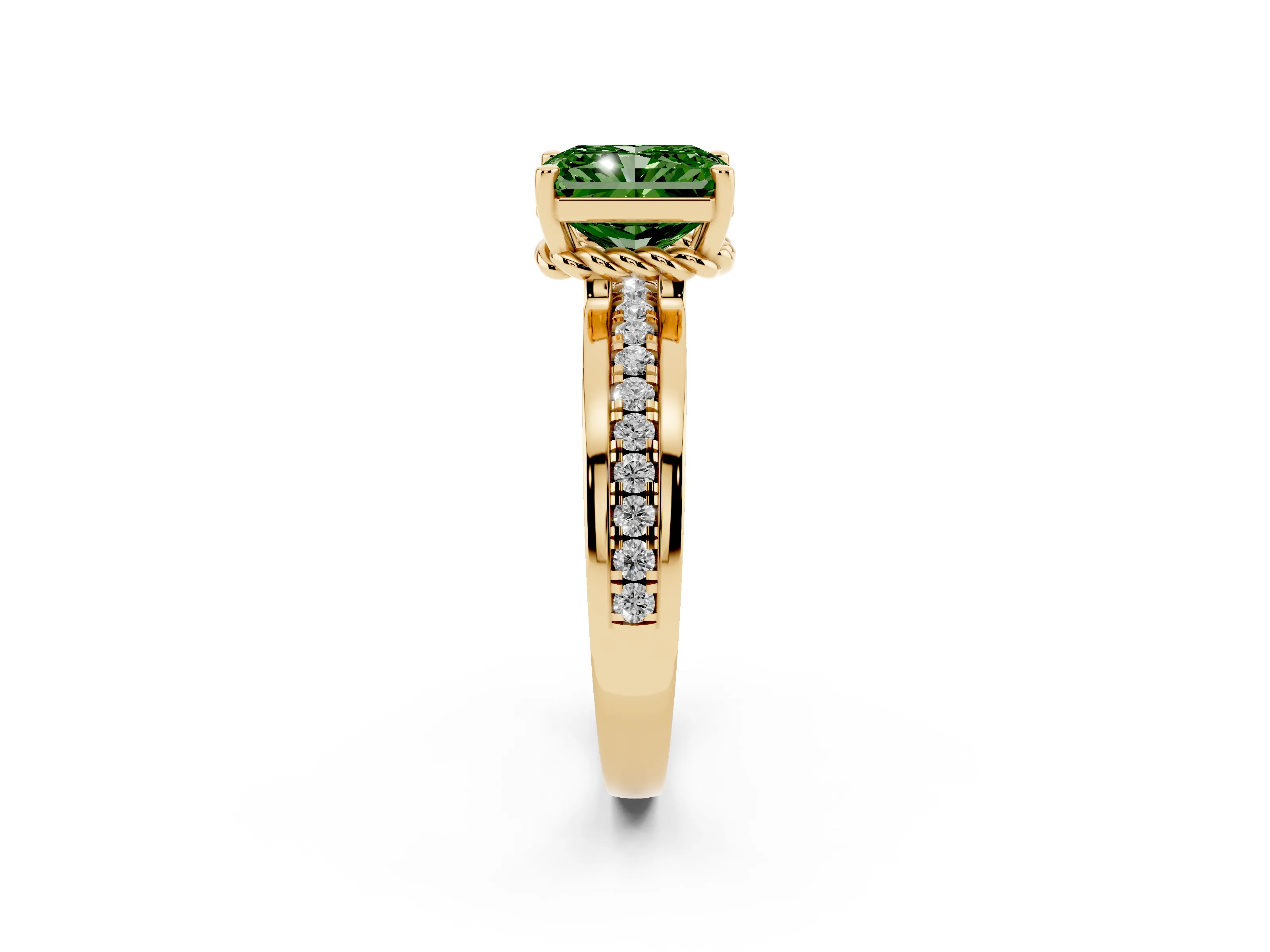 Fancy Green Radiant Cut Diamond Solitaire Ring Set in Yellow gold with Channel Set Band and Prong Setting