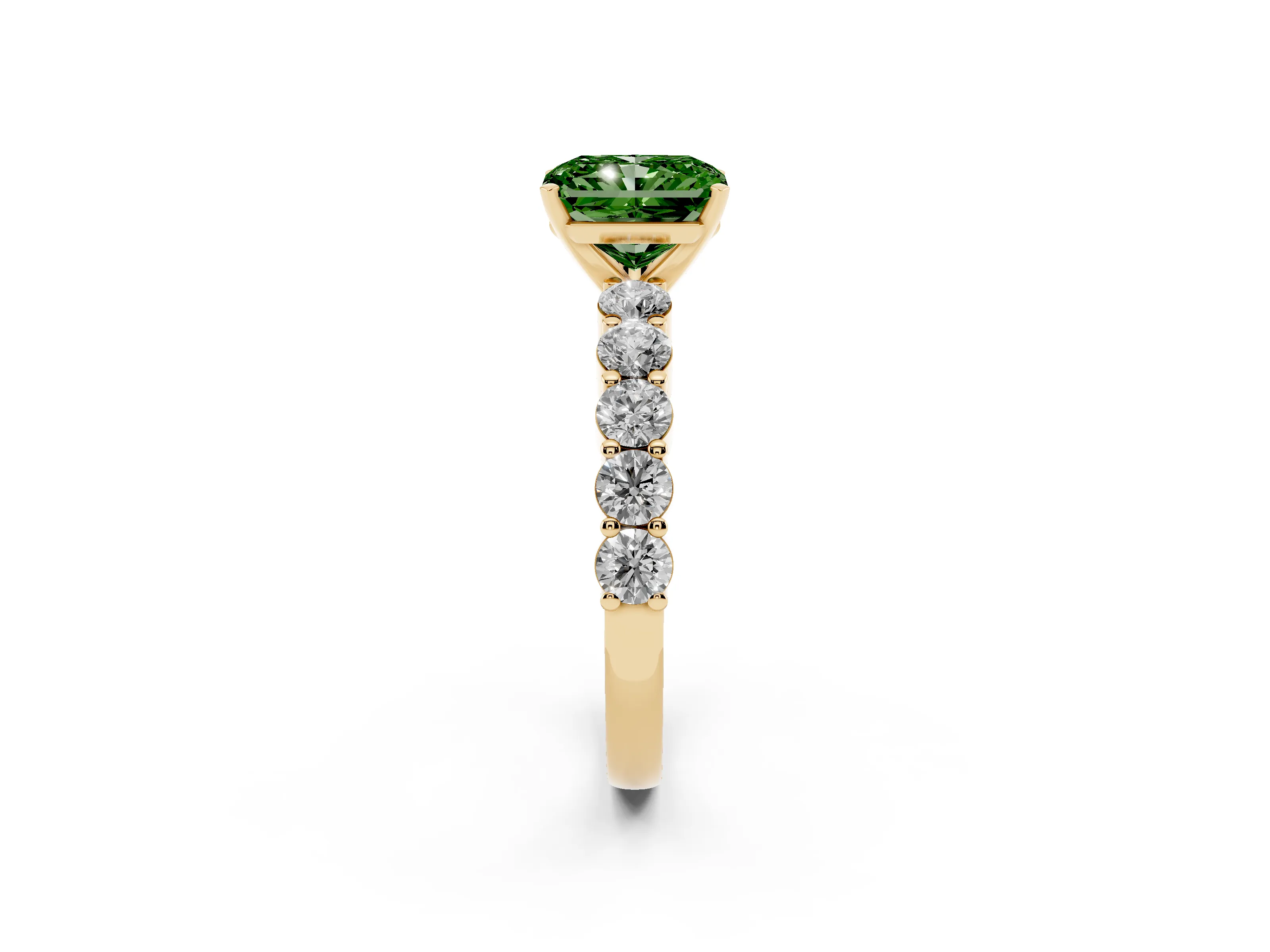 Fancy Green Radiant Cut Diamond Solitaire Ring Set in Yellow gold with Shared Prong Round Side Stones