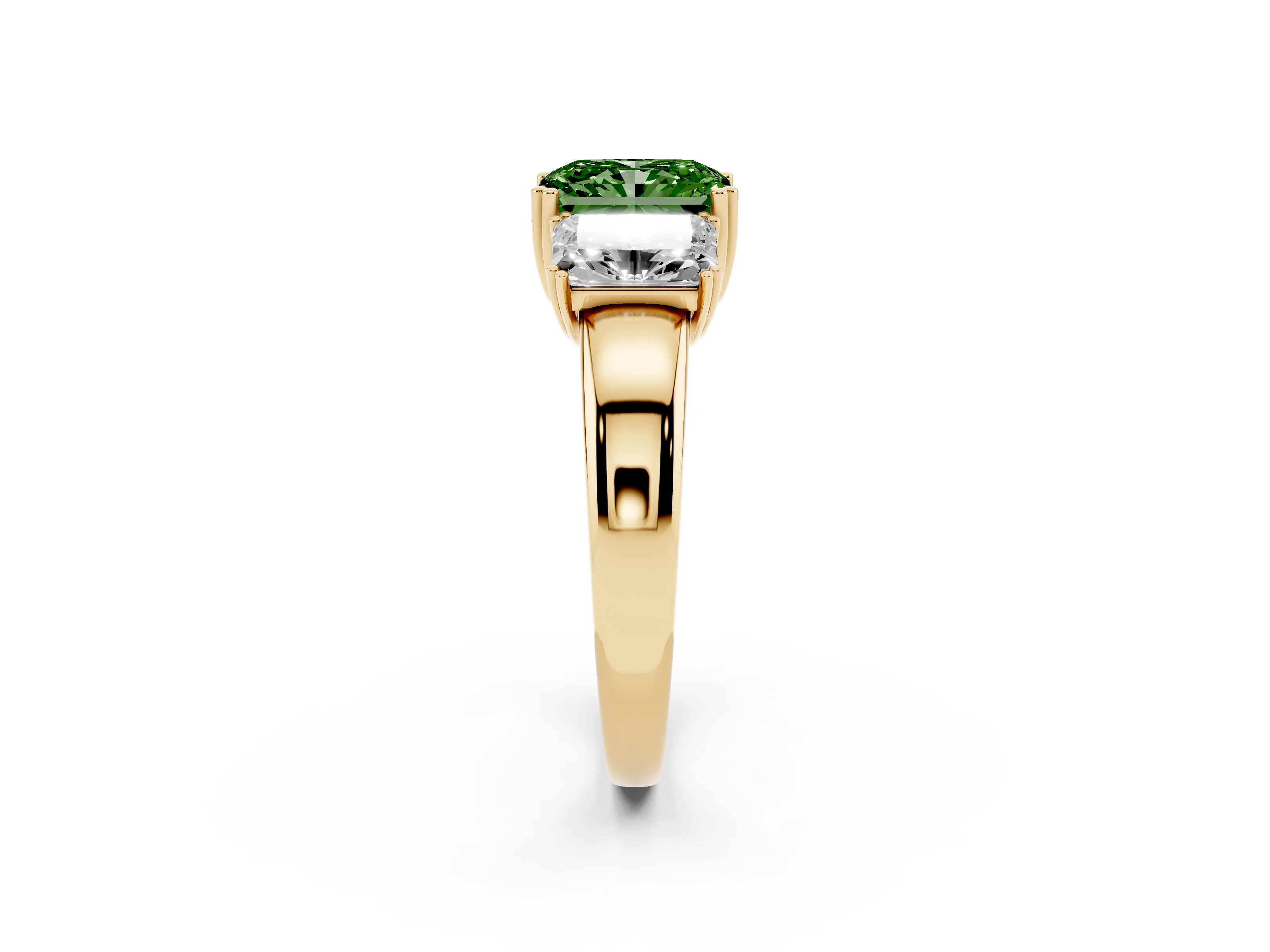 Fancy Green Radiant Cut Diamond Three-Stone Ring Set in Yellow gold with Polished Channel-Set Band