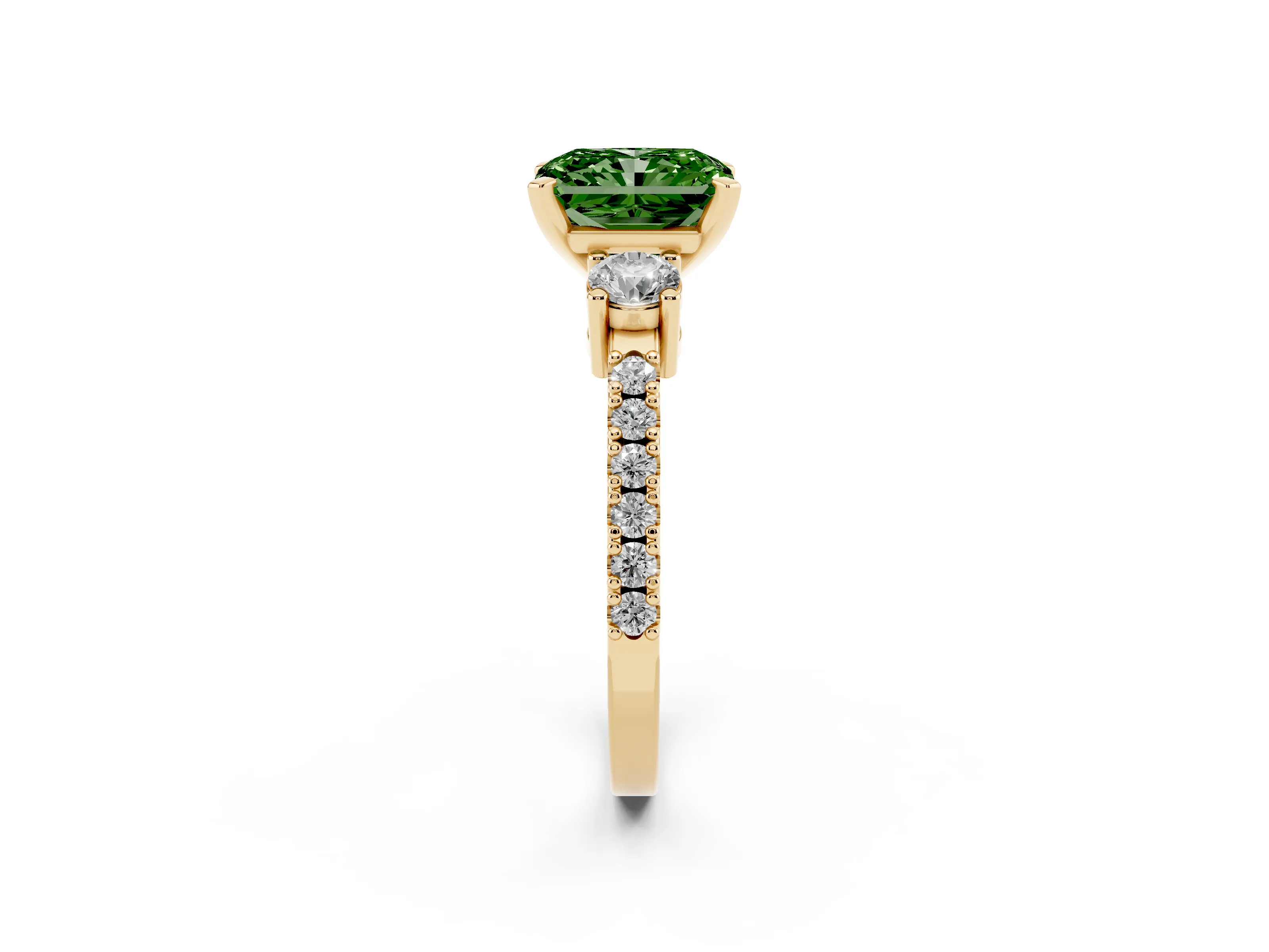 Fancy Green Three-Stone Radiant Cut Diamond Pavé Band Ring Set in Yellow gold with Prong Setting