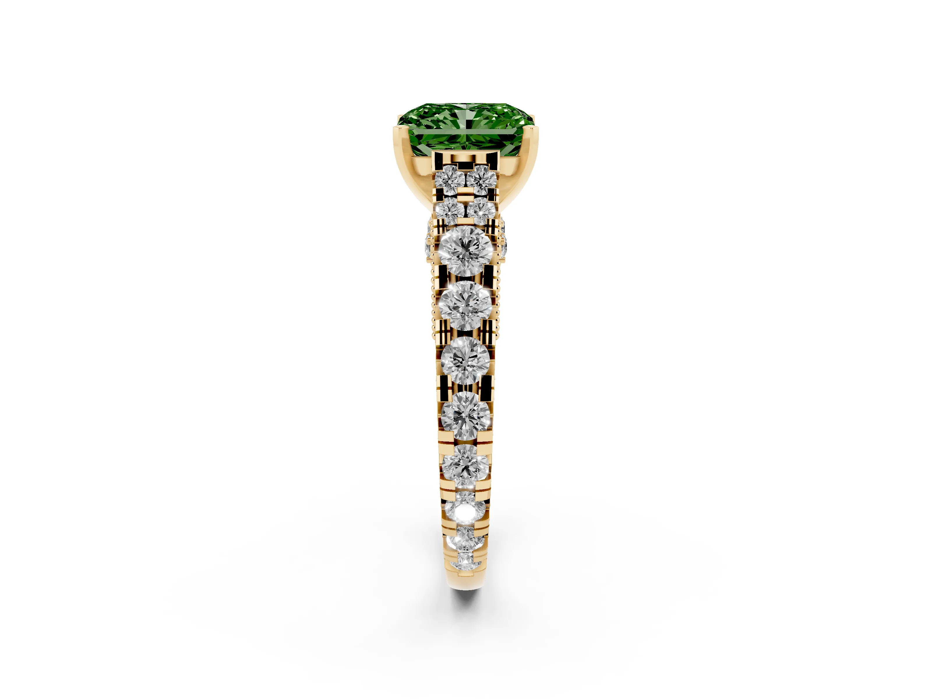 Fancy Green Radiant Cut Diamond Classic Solitaire Ring Set in Yellow gold with Pavé Band and Prong Setting