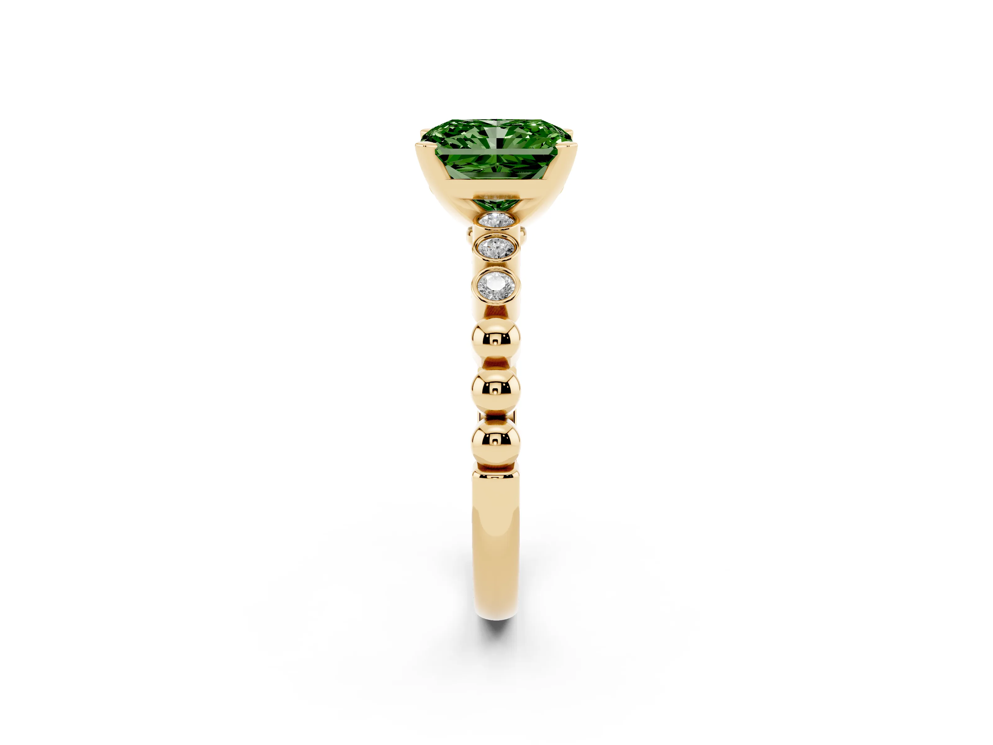 Fancy Green Radiant Cut Diamond Solitaire Engagement Ring Set in Yellow gold with Bezel Accents on Beaded Band