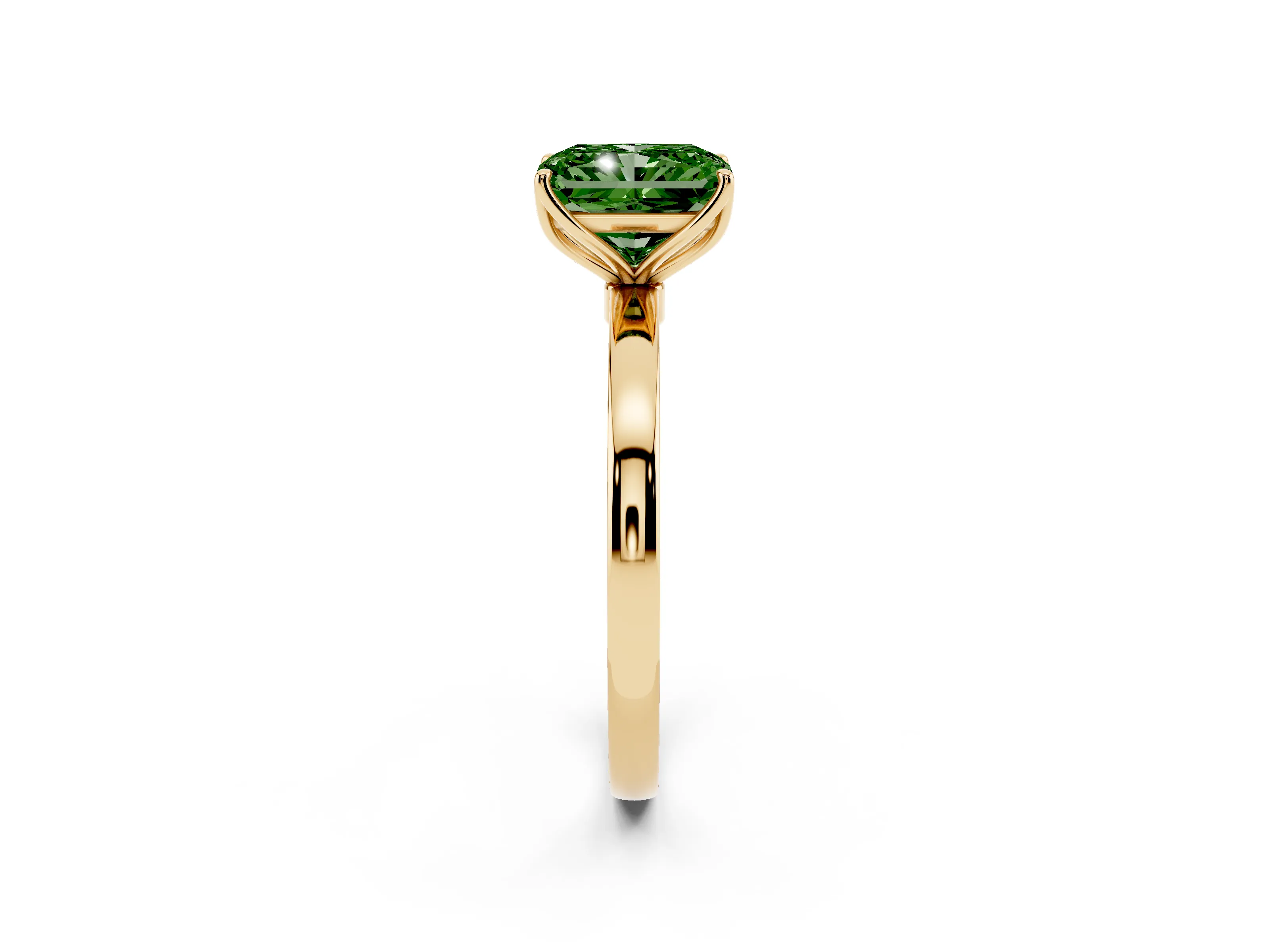Fancy Green Radiant Cut Diamond Solitaire Ring Set in Yellow gold with Prong Setting and Thin Polished Band
