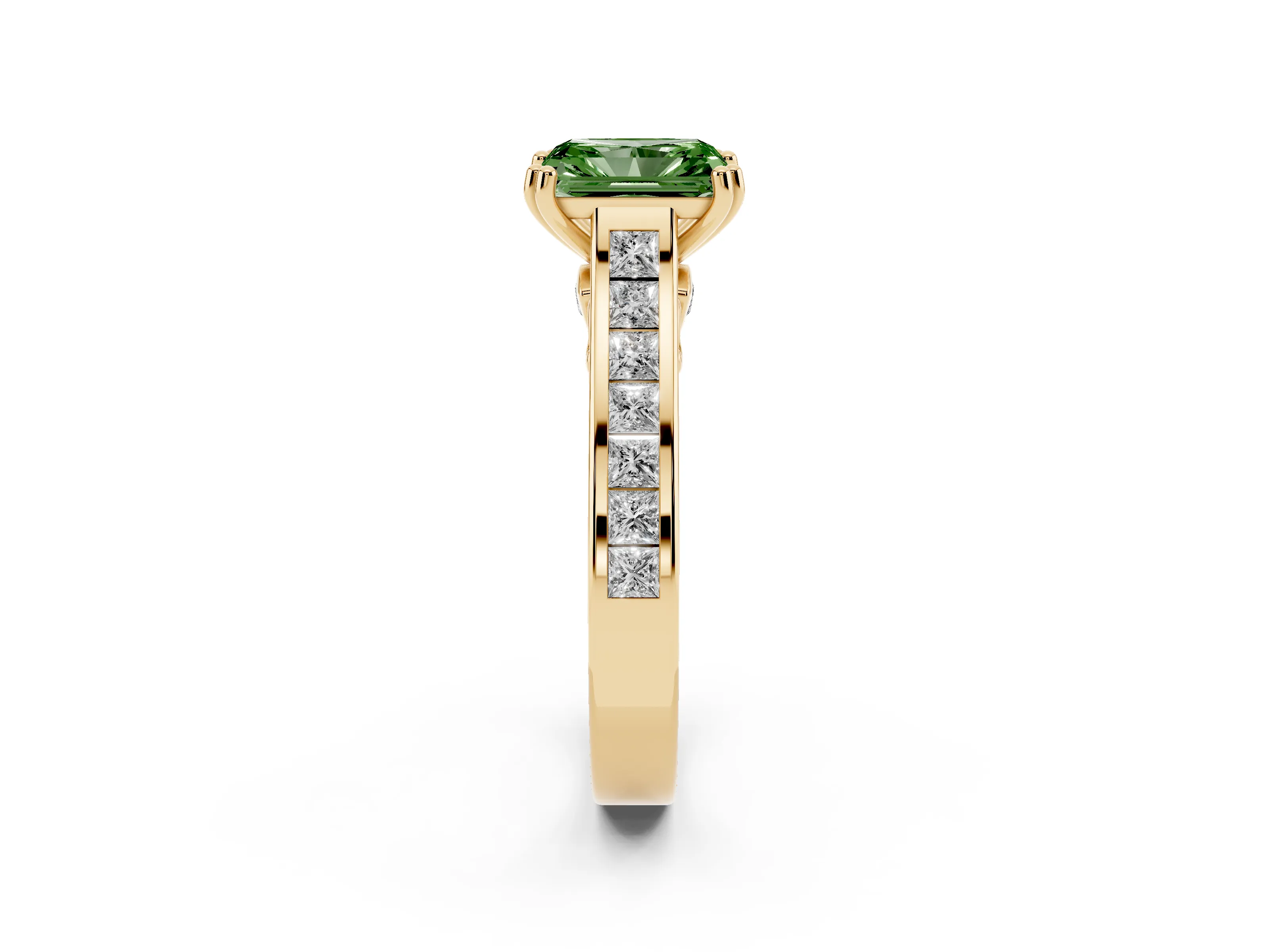 Fancy Green Radiant Cut Diamond Channel Set Solitaire Engagement Ring Set in Yellow gold with Prong Setting