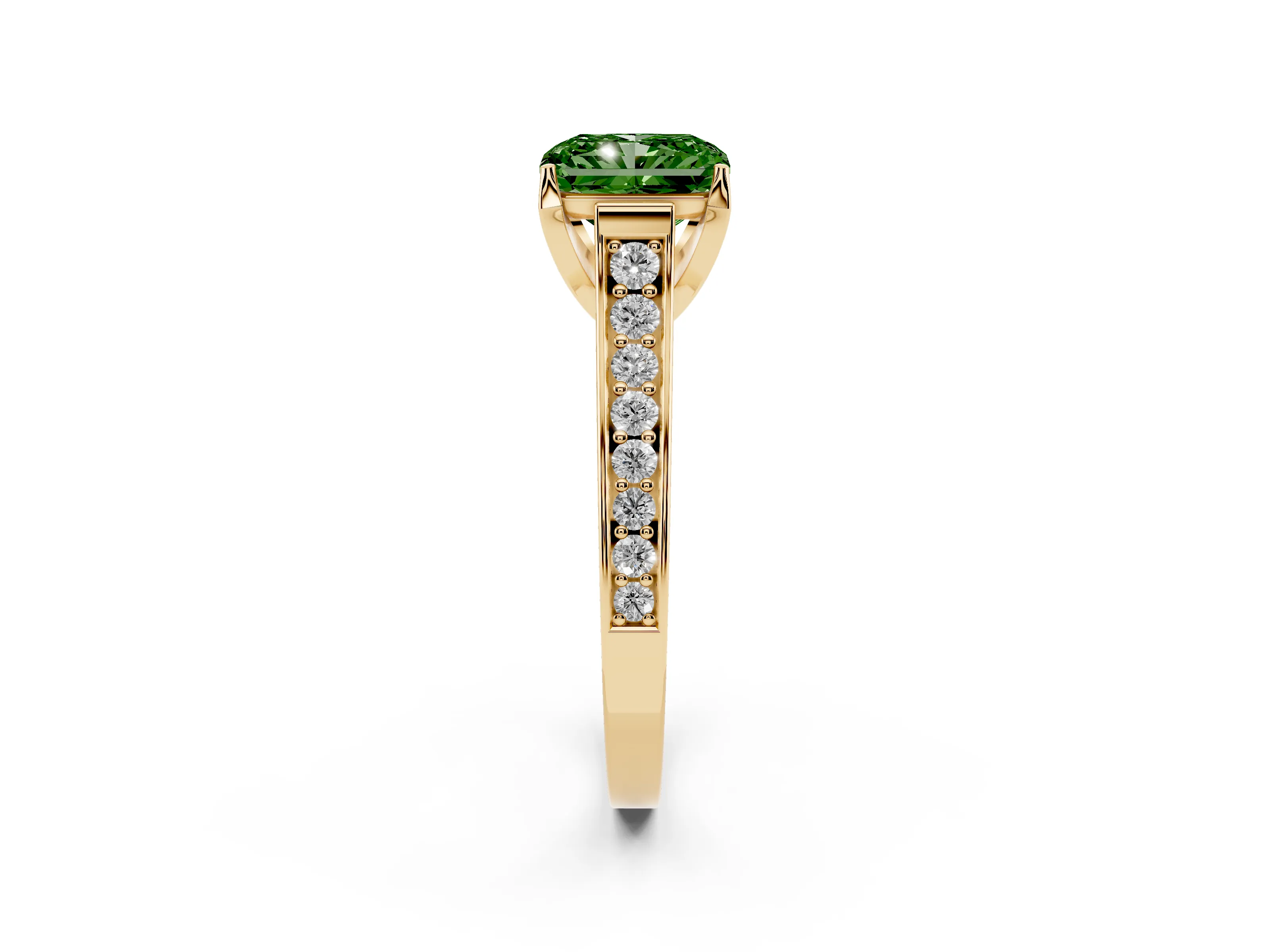 Fancy Green Radiant Cut Diamond Solitaire Pavé Engagement Ring Set in Yellow gold with Prong Setting