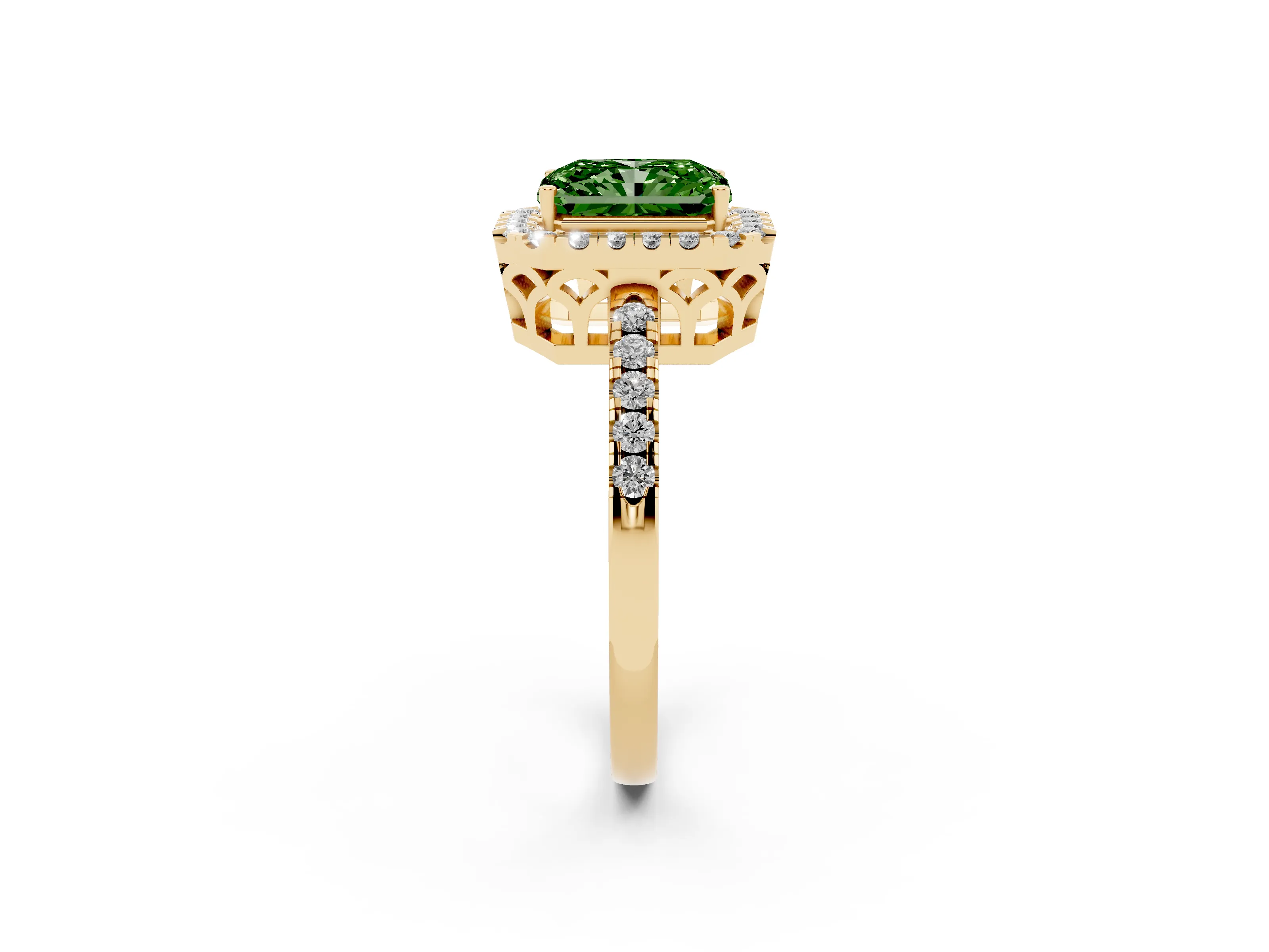 Fancy Green Radiant Cut Diamond Pavé Band Halo Engagement Ring Set in Yellow gold with Prong Setting